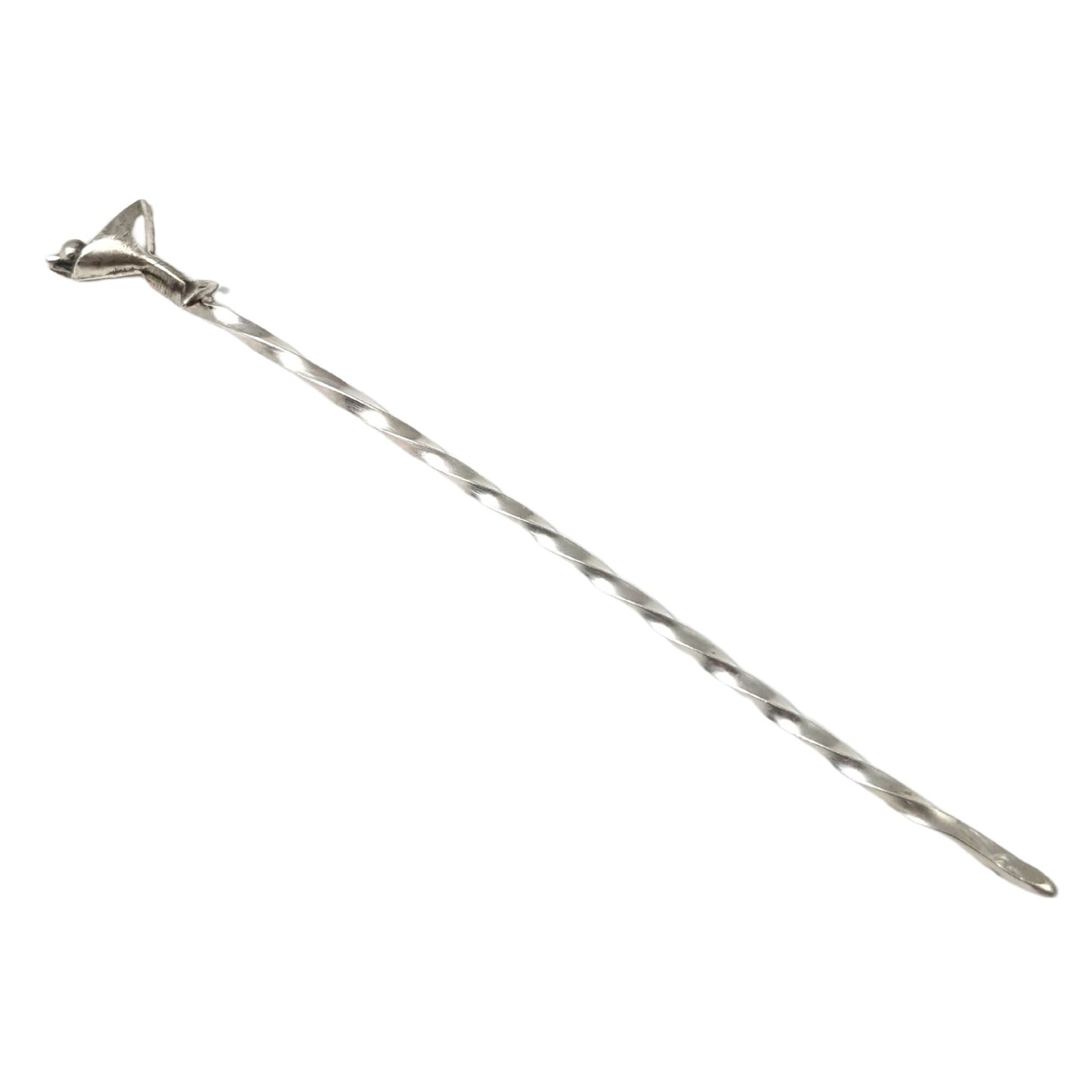 Sterling silver cocktail pick. At the top is a silver martini glass with a single olive.