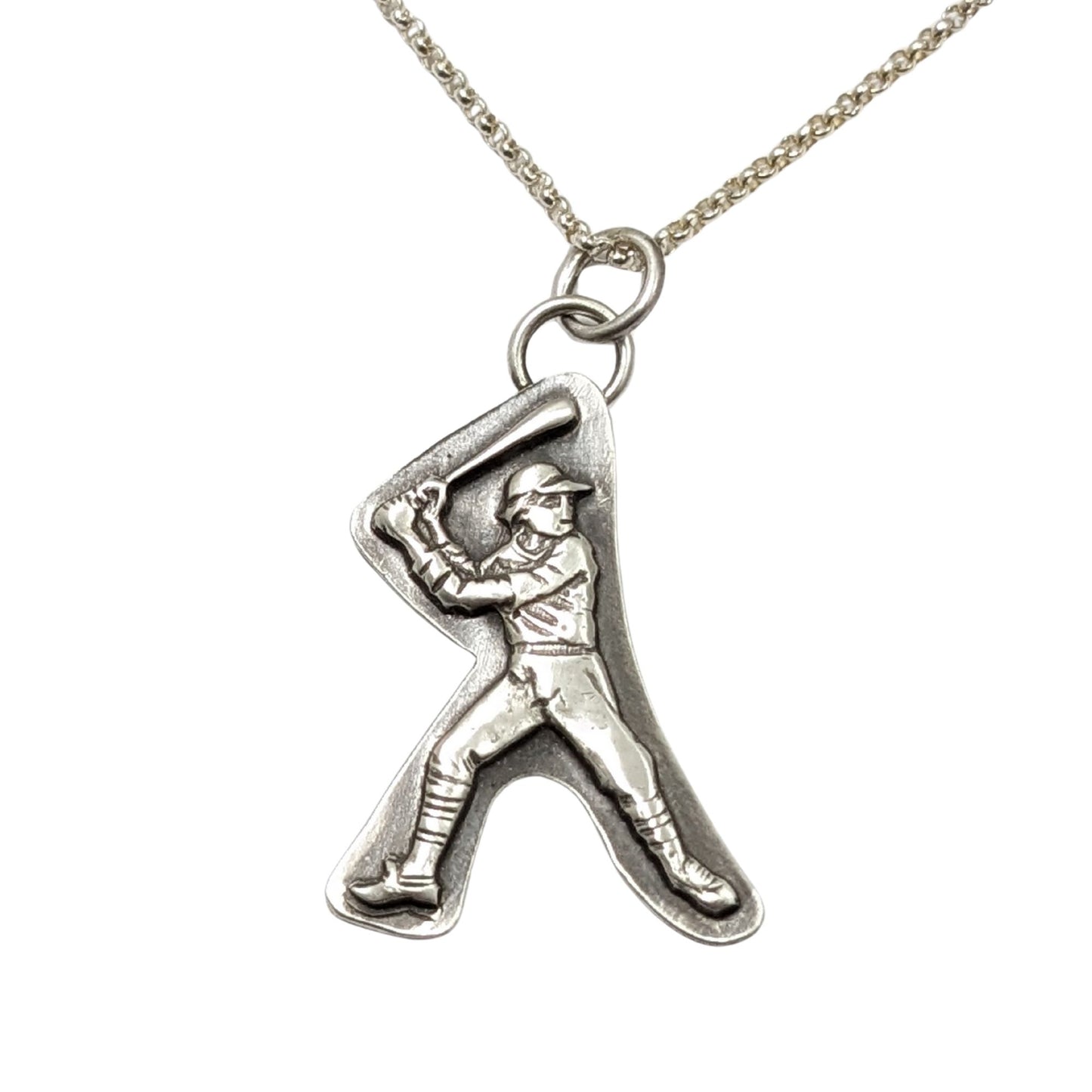 Silver pendant of a baseball player in a batter's stance on a chain