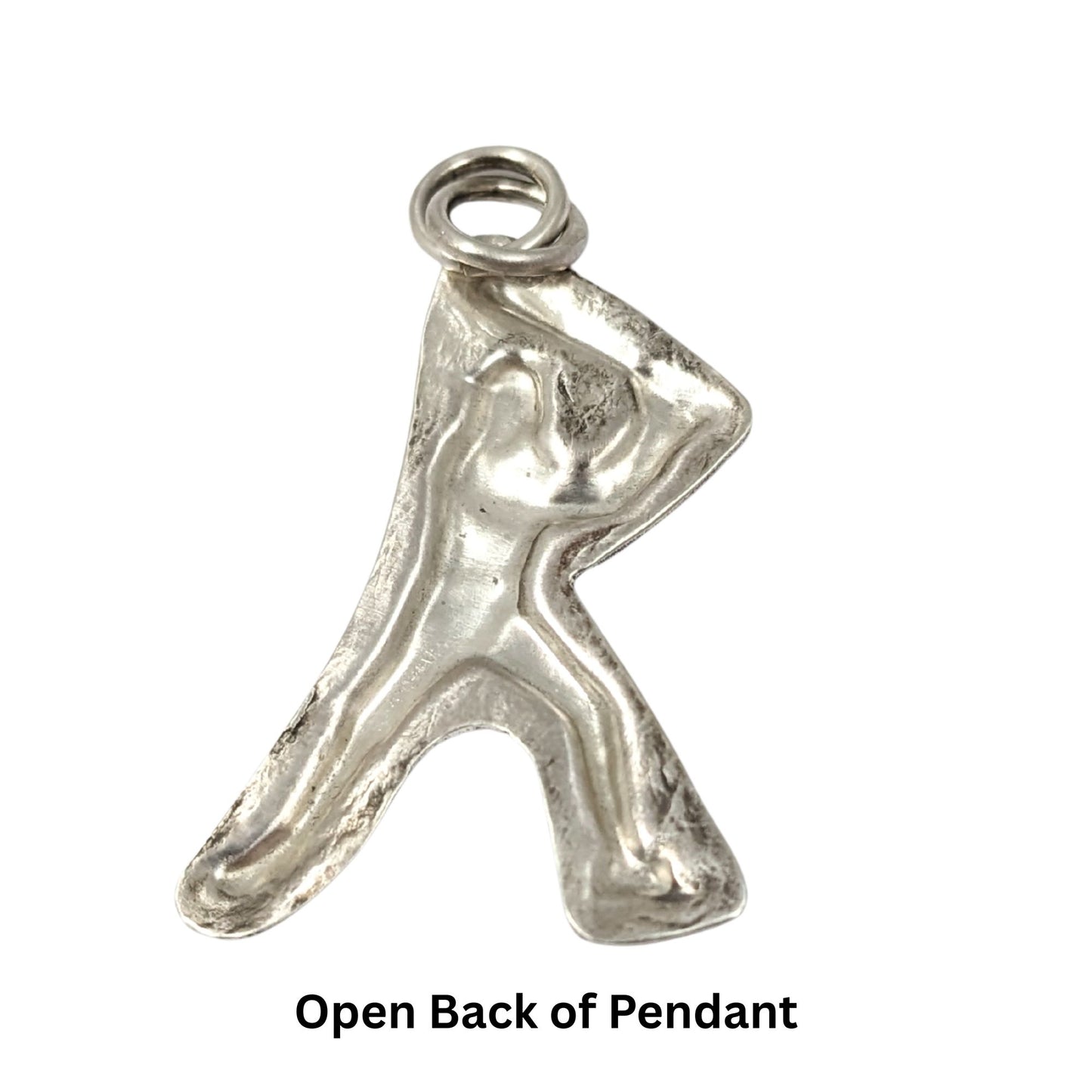 Silver pendant of a baseball player in a batter's stance on a chain