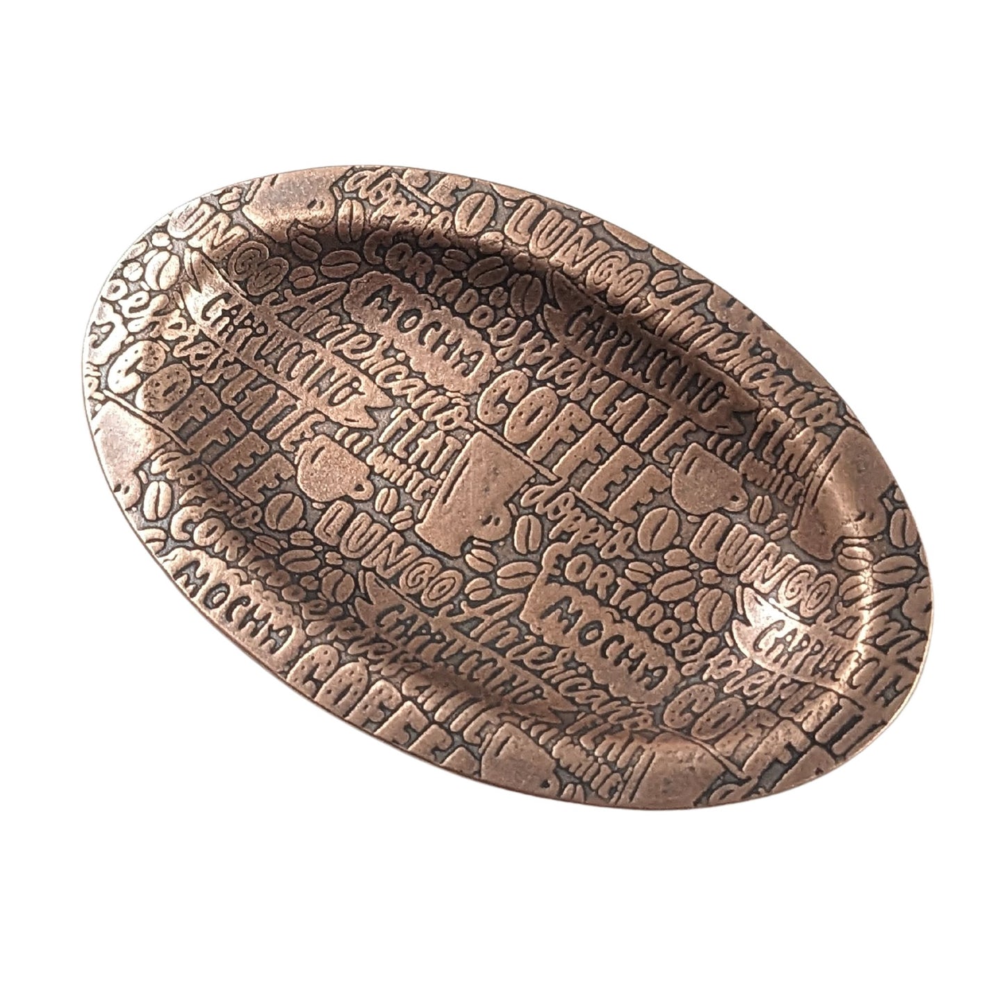 An oval copper ring dish with a raised edge. The dish has an impressed pattern of coffee order names.