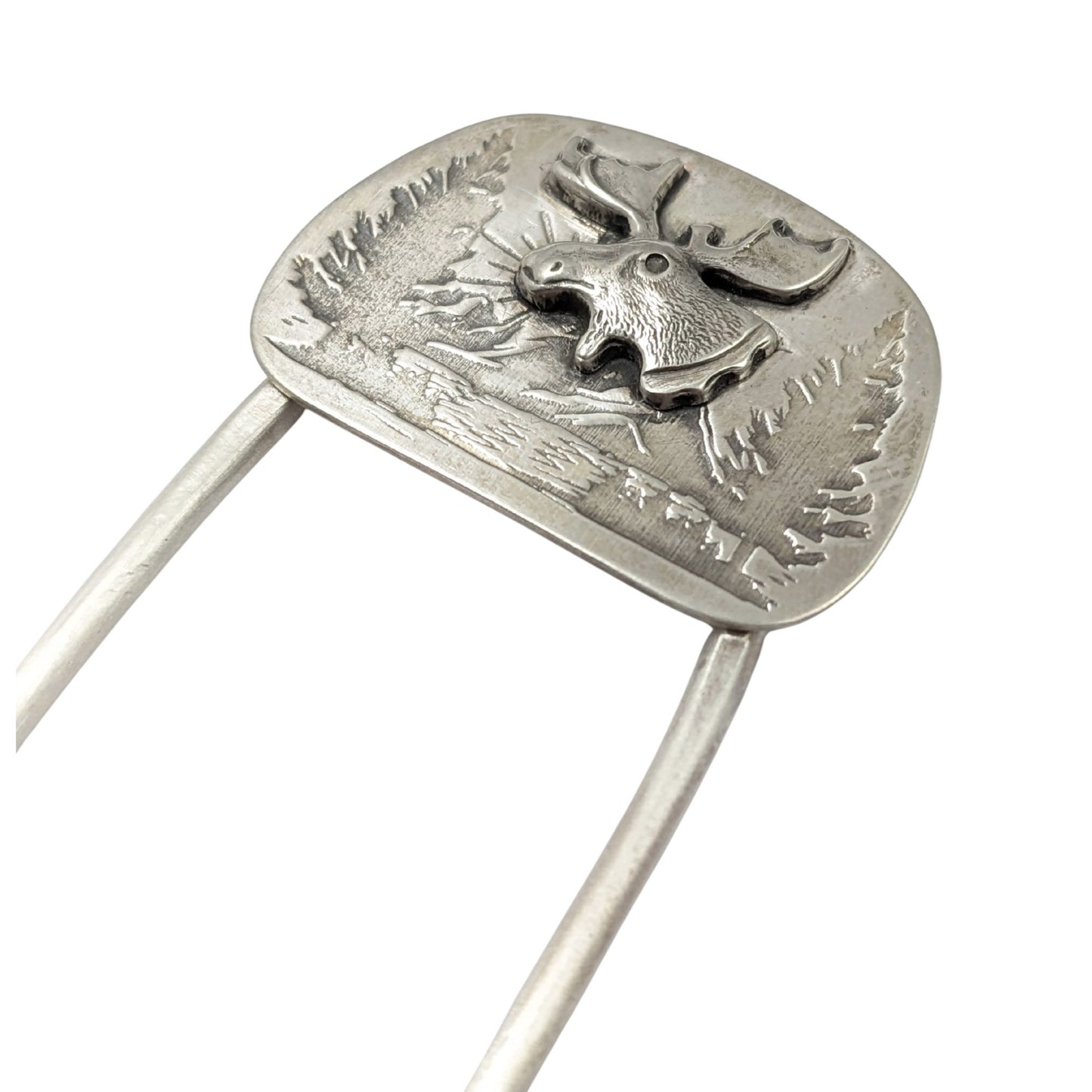 sterling silver hair fork, featuring a large and detailed moose head on a background of mountains, evergreens, and a lake.