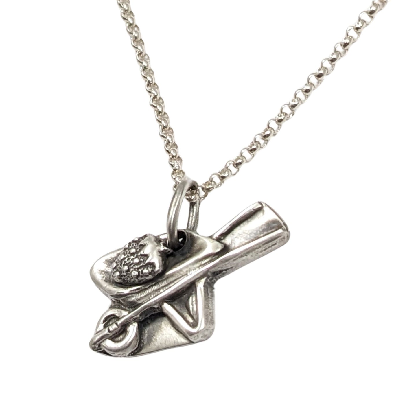 Sterling silver wheelbarrow pendant with a giant silver strawberry.