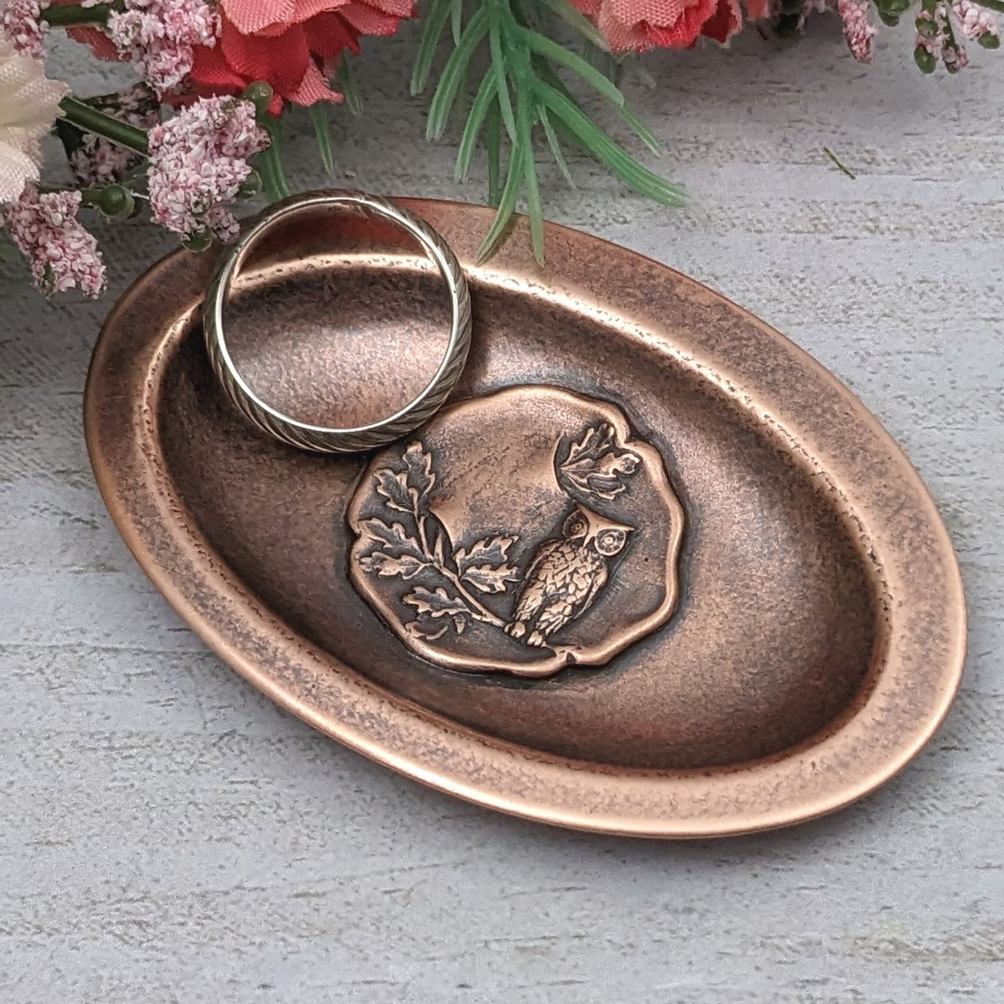 Owl in Tree Copper Oval Ring Dish