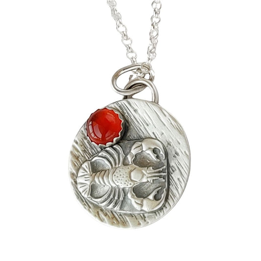 Lobster Sterling Silver Round Pendant with Carnelian Gemstone