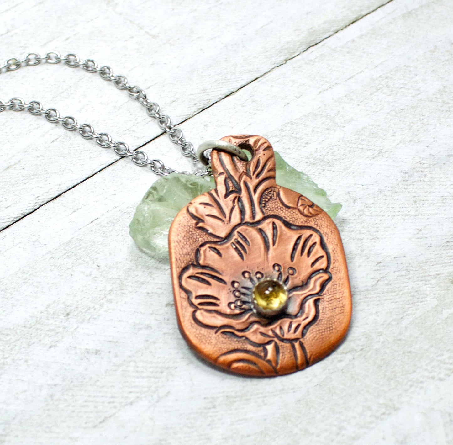 Poppy Flower Citrine Copper Pendant Vintage Design