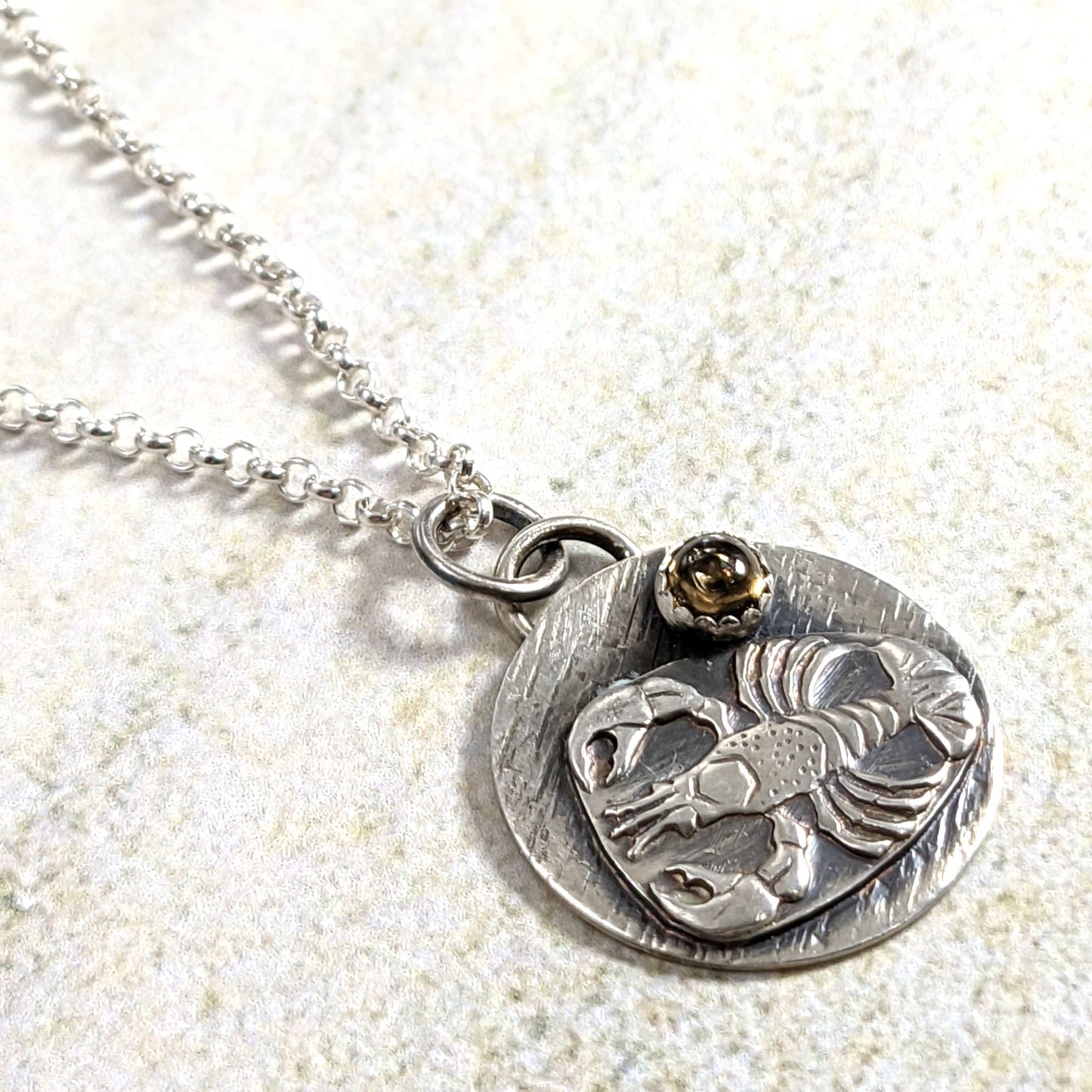 Lobster Sterling Silver Round Pendant with Citrine Gemstone