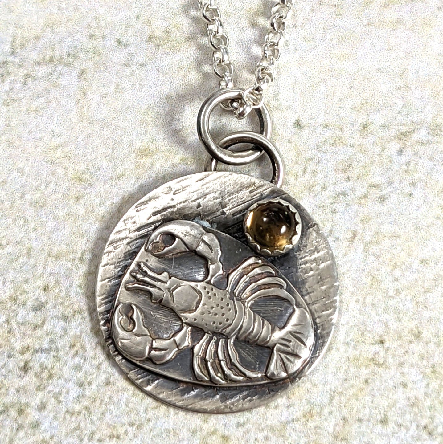 Lobster Sterling Silver Round Pendant with Citrine Gemstone