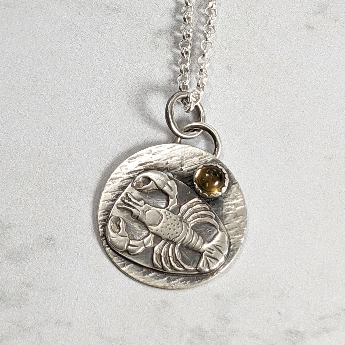 Lobster Sterling Silver Round Pendant with Citrine Gemstone
