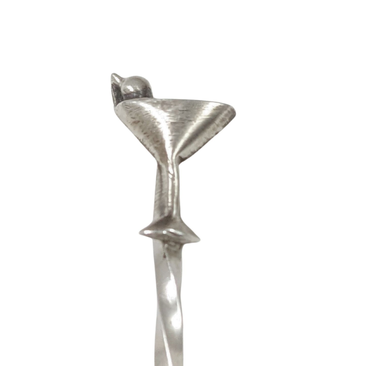 Sterling silver cocktail pick. At the top is a silver martini glass with a single olive.