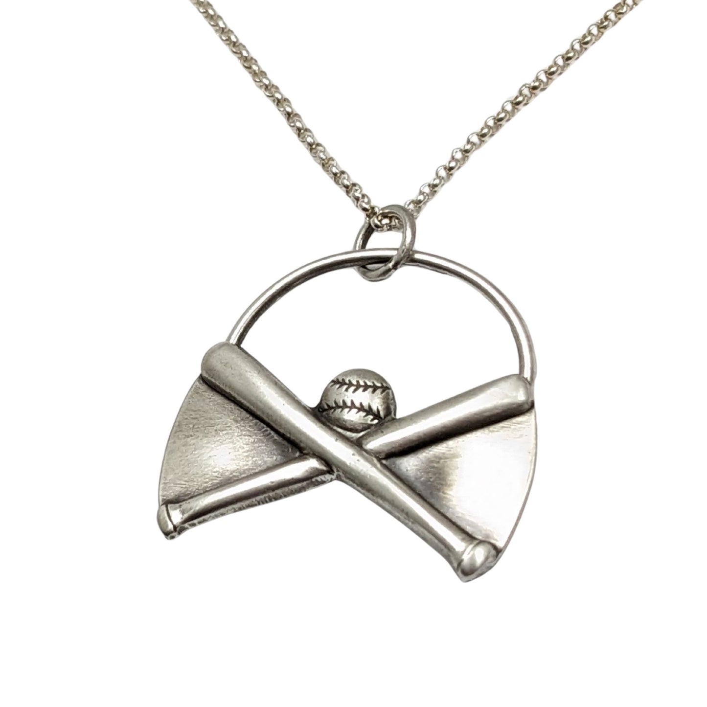 Silver necklace with a pendant featuring crossed baseball bats and a baseball