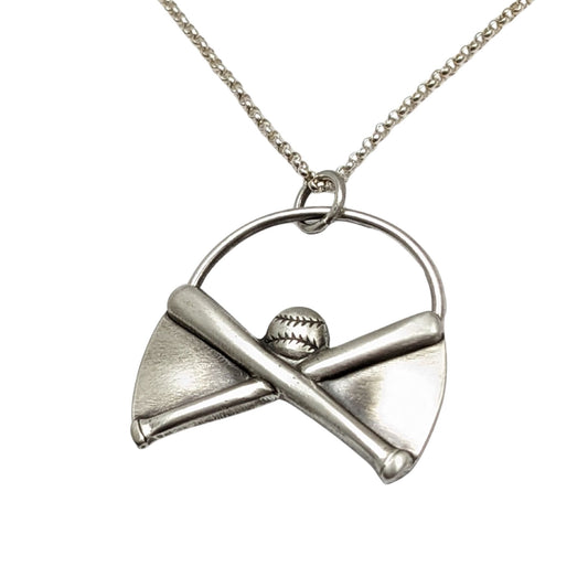 Silver necklace with a pendant featuring crossed baseball bats and a baseball