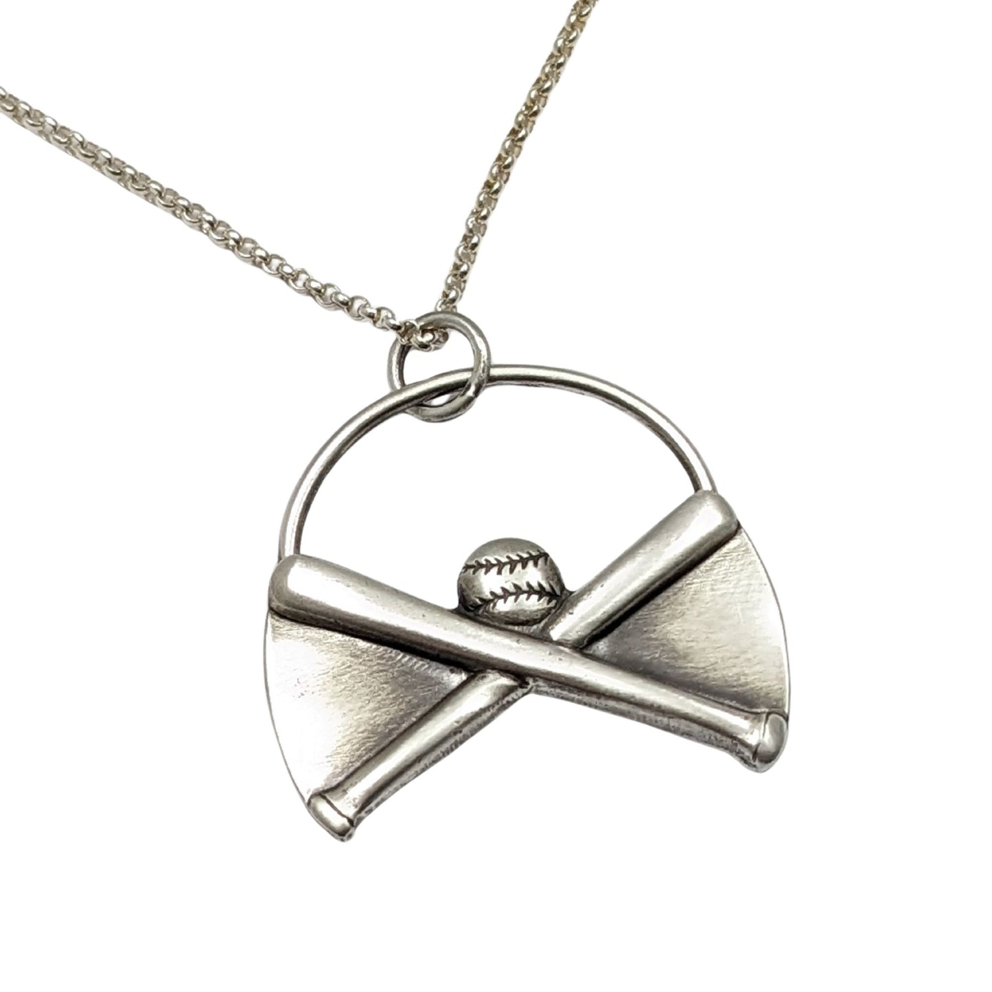 Silver necklace with a pendant featuring crossed baseball bats and a baseball
