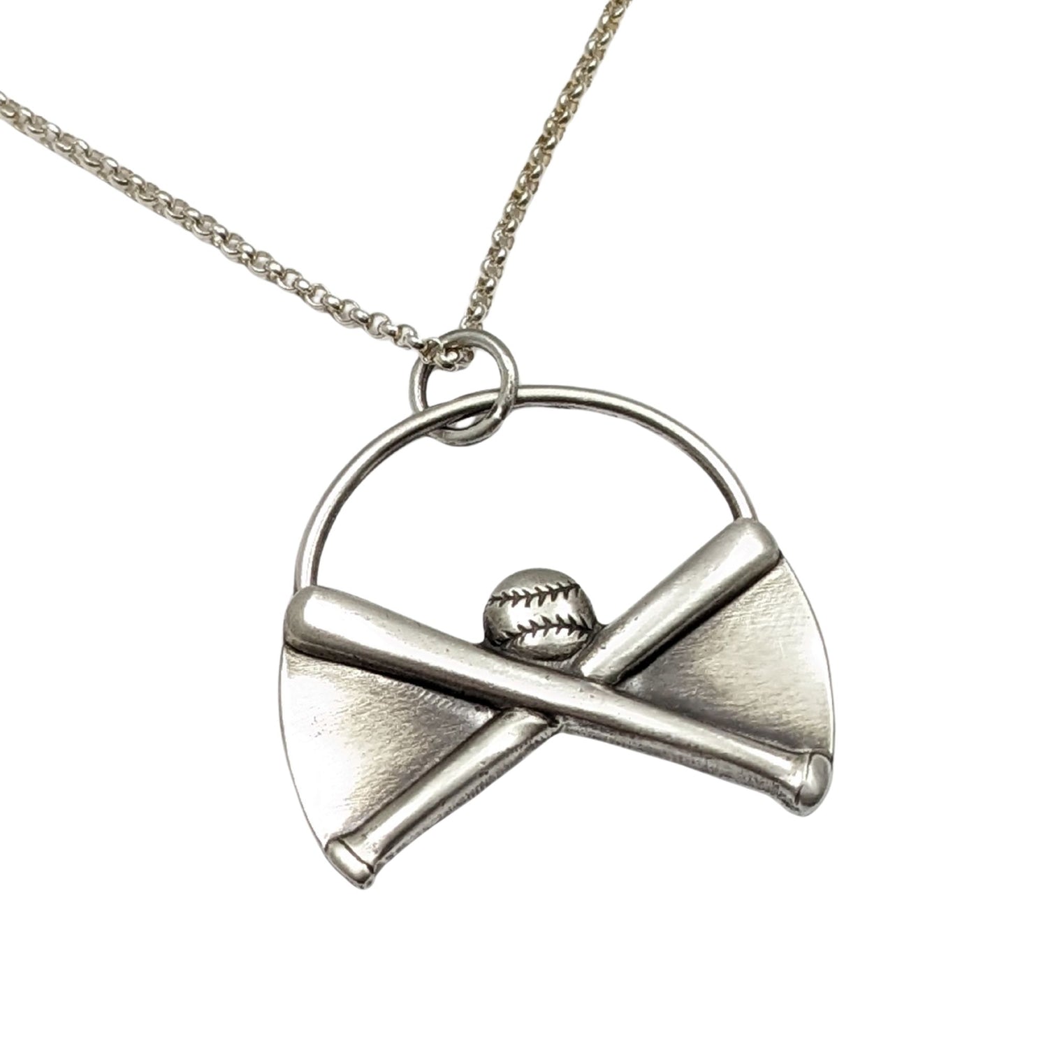 Silver necklace with a pendant featuring crossed baseball bats and a baseball