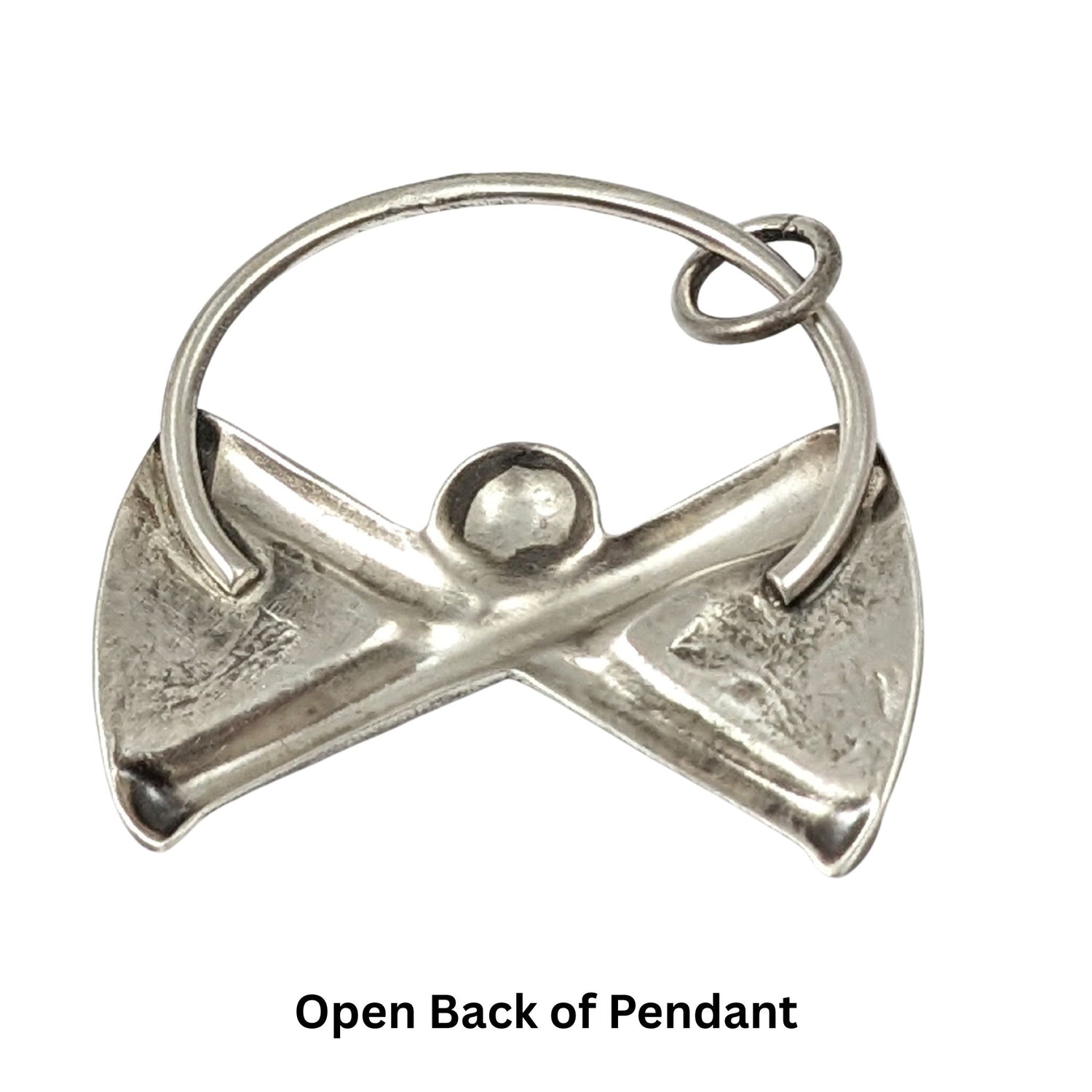 Back side of a silver necklace with a pendant featuring crossed baseball bats and a baseball