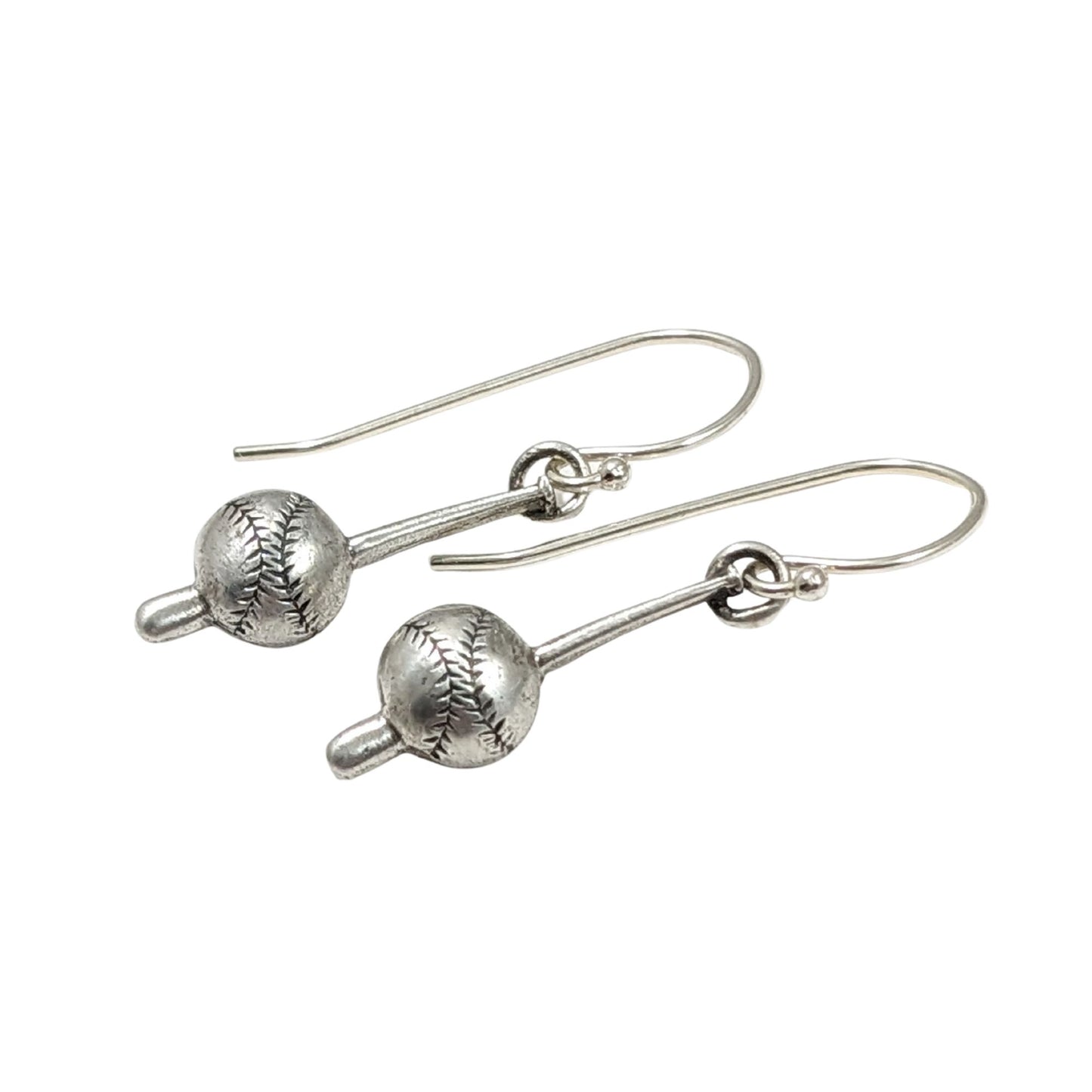 Sterling silver dangle earrings. Each earring is in the shape of a baseball bat. Toward the bottom of the bat there's a large baseball.