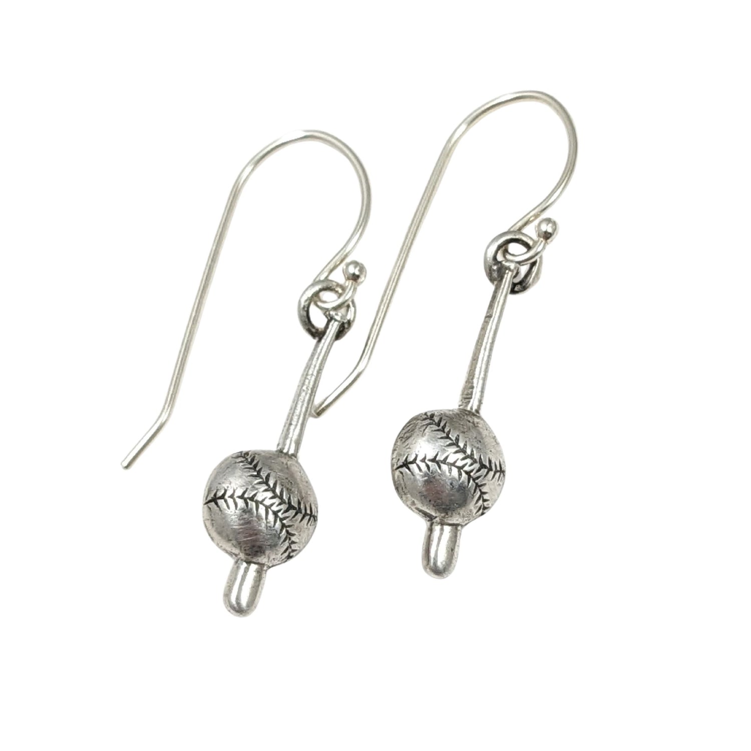 Sterling silver dangle earrings. Each earring is in the shape of a baseball bat. Toward the bottom of the bat there's a large baseball.