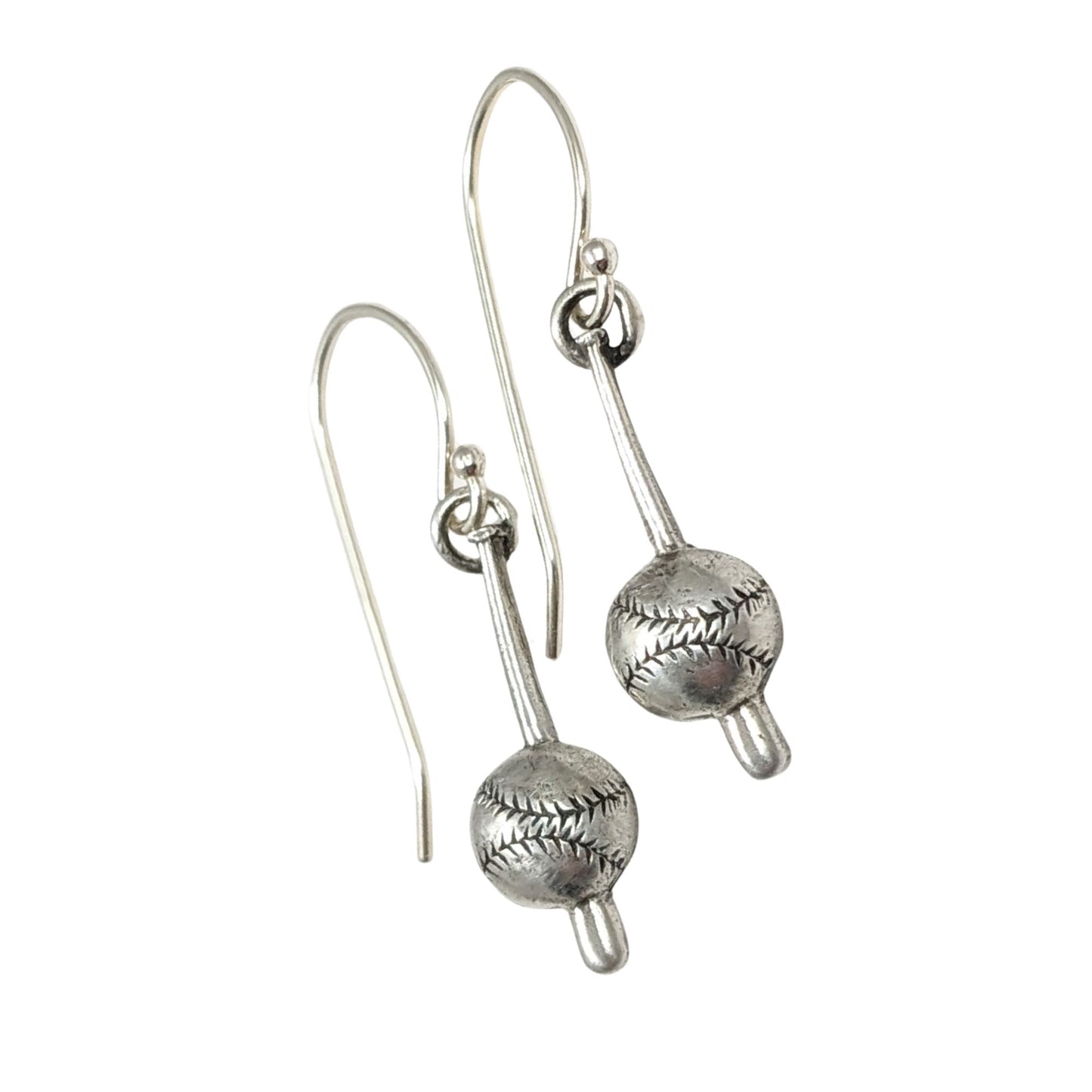 Sterling silver dangle earrings. Each earring is in the shape of a baseball bat. Toward the bottom of the bat there's a large baseball.