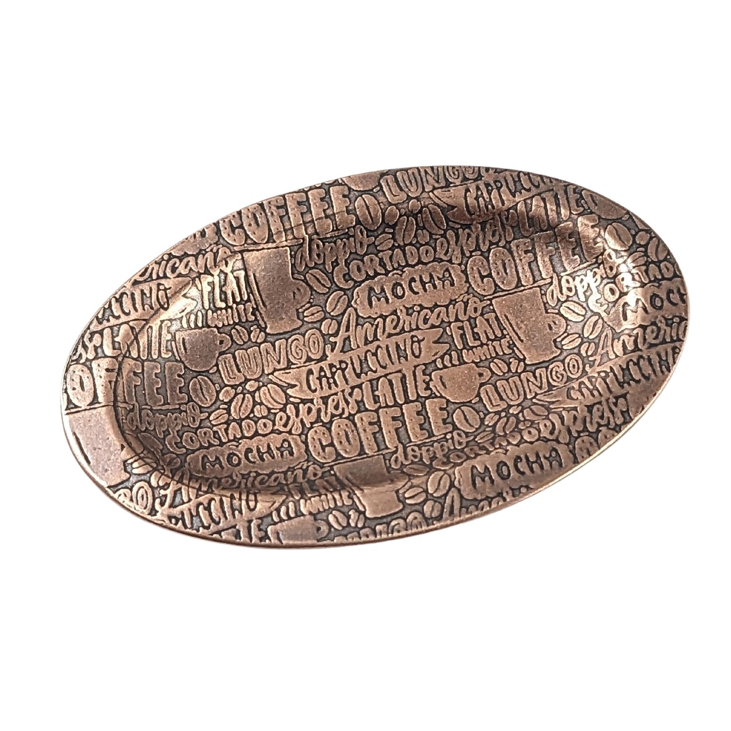 An oval copper ring dish with a raised edge. The dish has an impressed pattern of coffee order names.