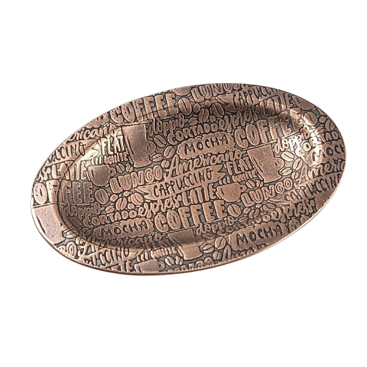 An oval copper ring dish with a raised edge. The dish has an impressed pattern of coffee order names.