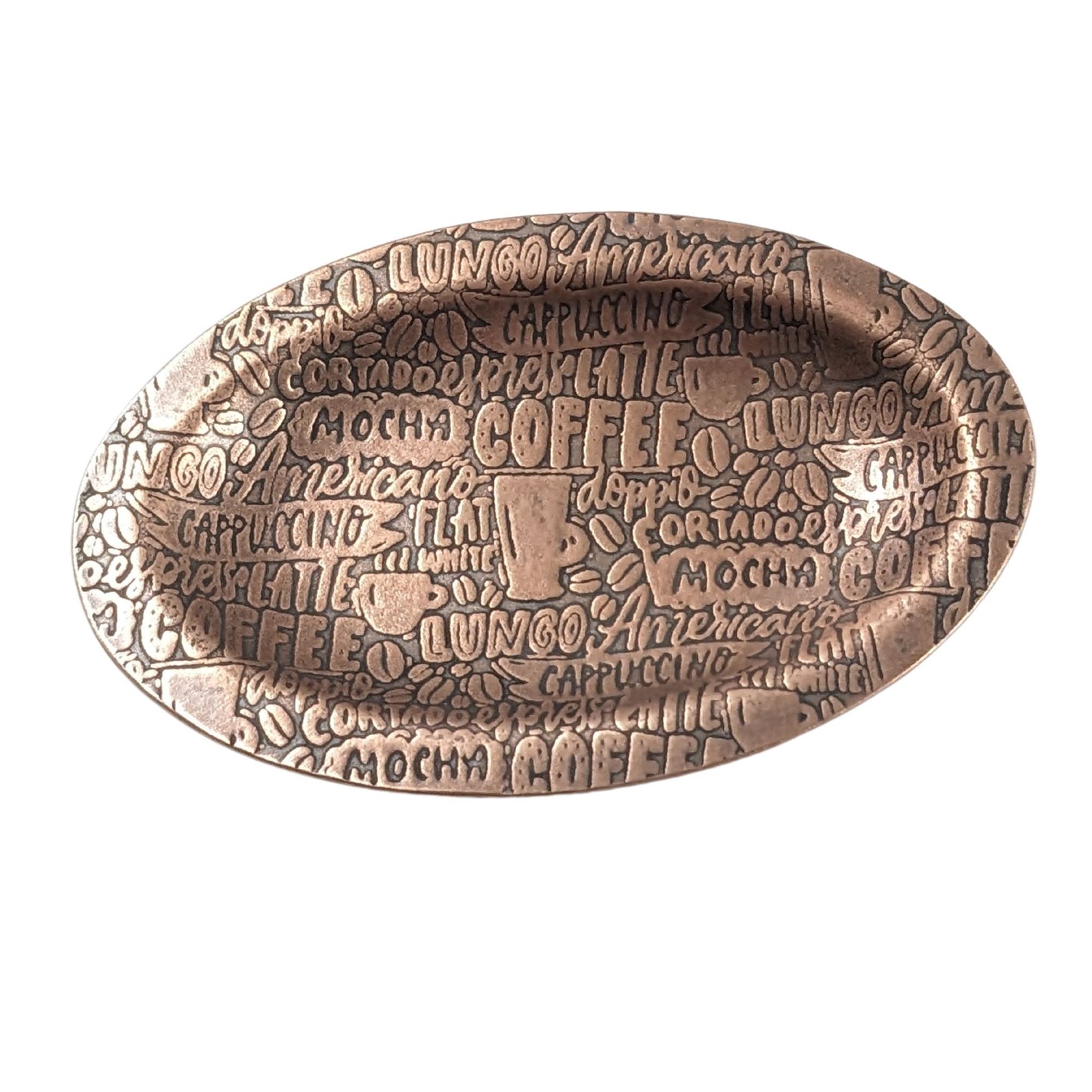 An oval copper ring dish with a raised edge. The dish has an impressed pattern of coffee order names.
