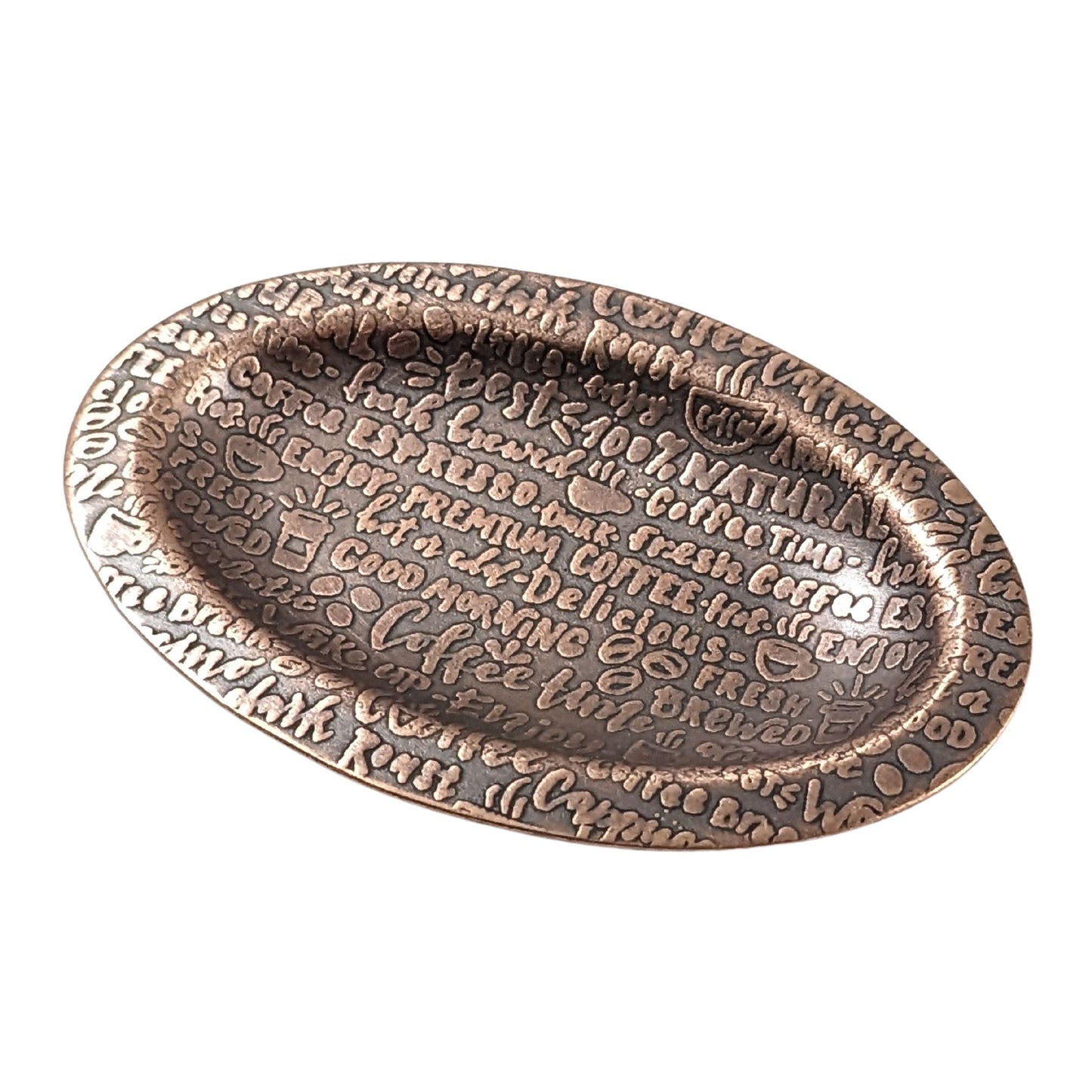 An oval copper ring dish with a raised edge. The dish has an impressed words that describe coffee like premium, good morning, wake up, fresh brewed, expresso, and more.