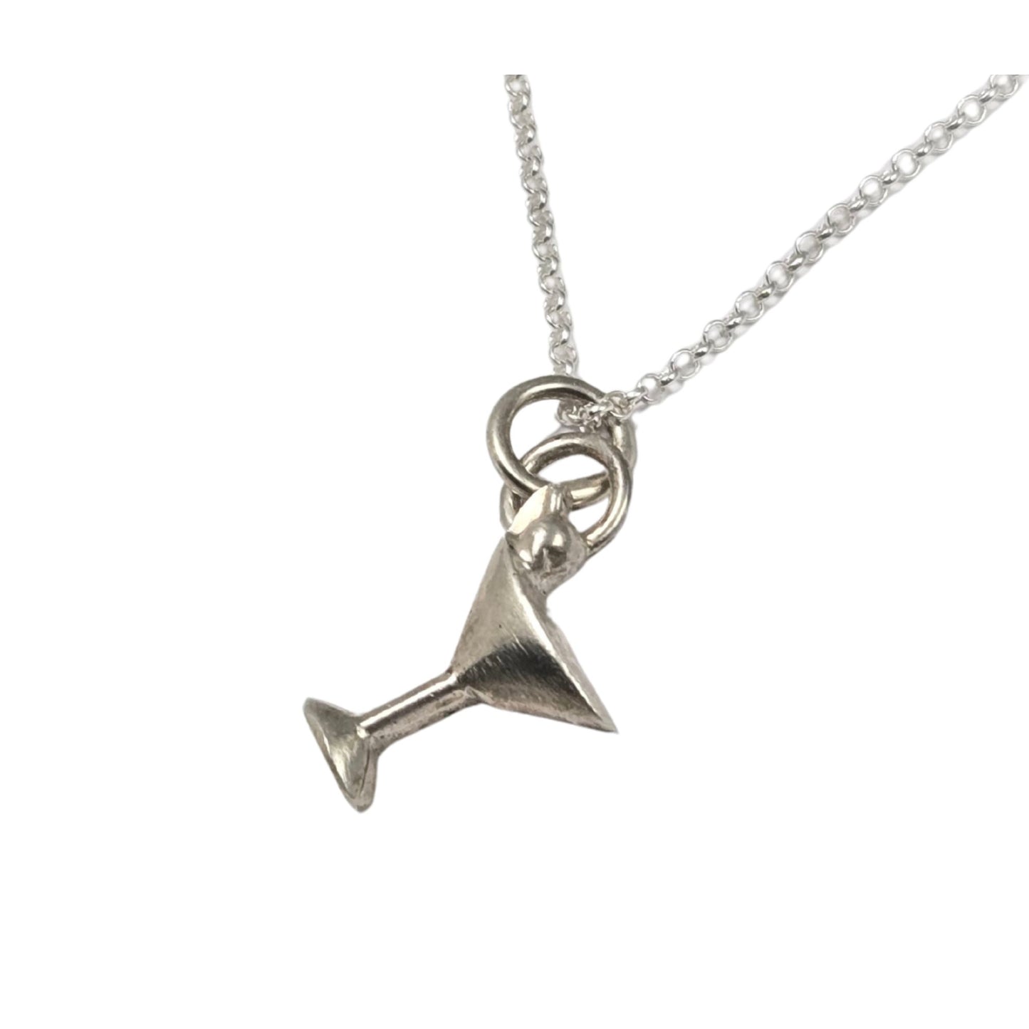 Silver martini glass pendant on a chain against a white background