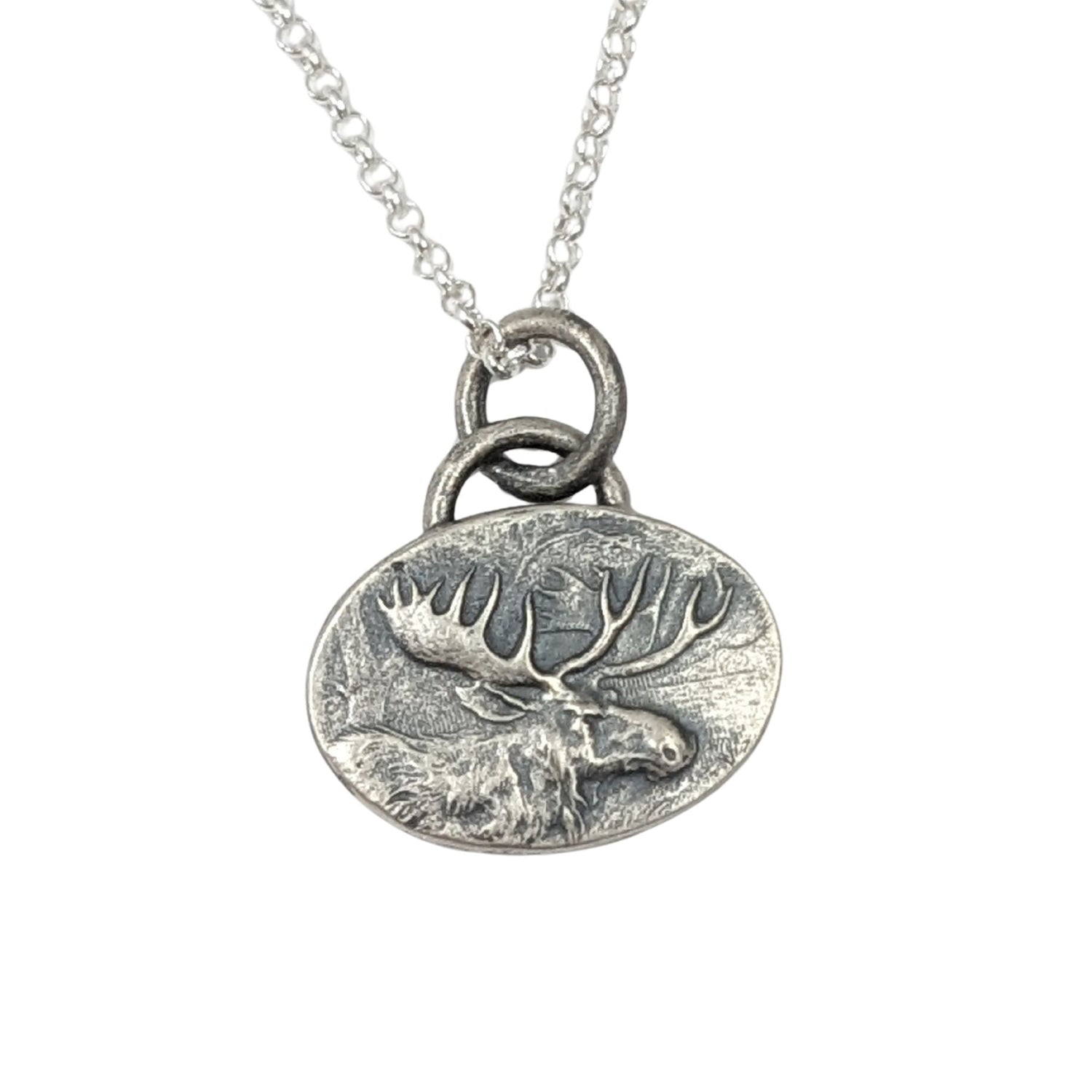 Silver necklace with a moose design