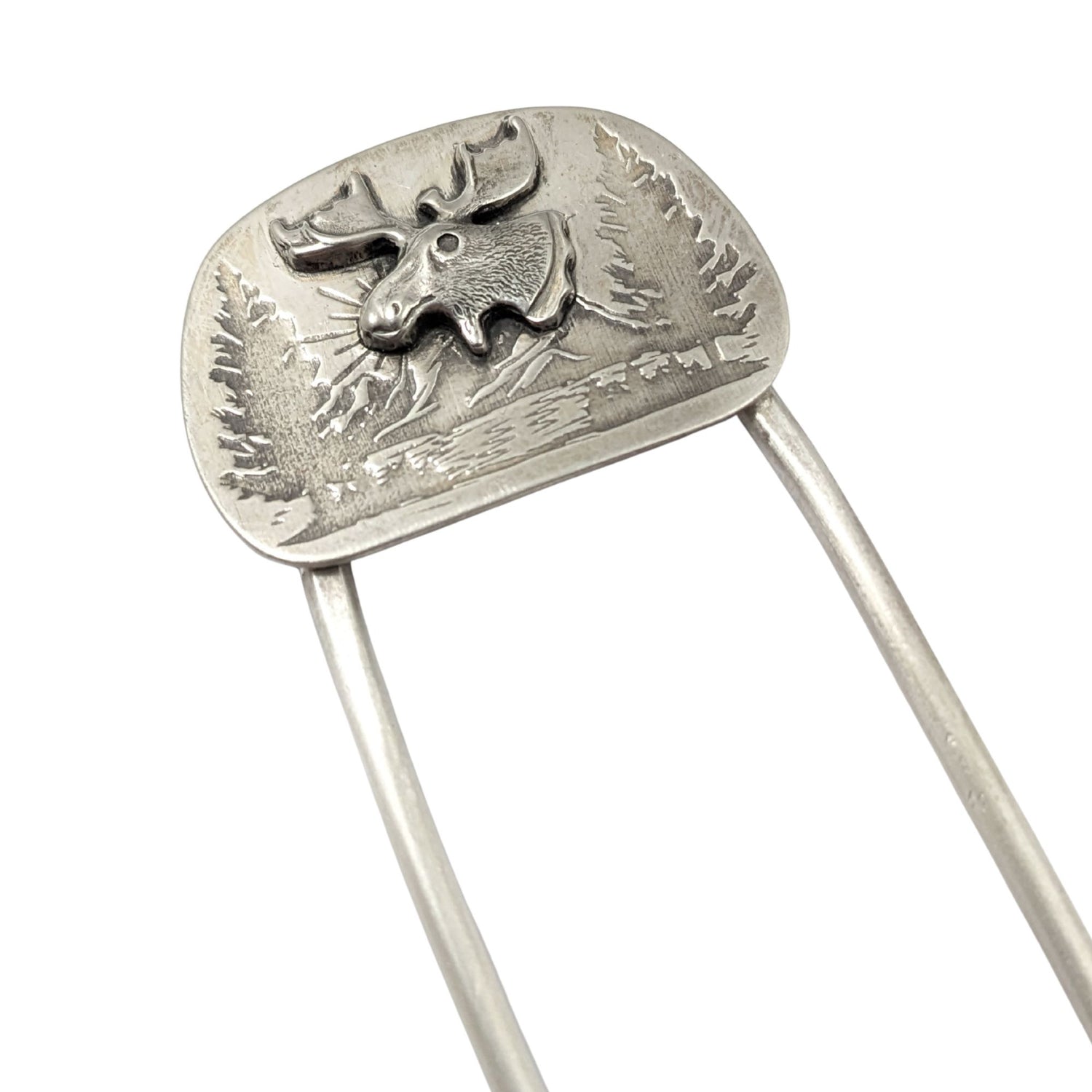 sterling silver hair fork, featuring a large and detailed moose head on a background of mountains, evergreens, and a lake.