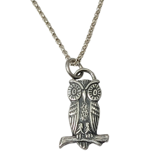 Sterling silver pendant of an owl sitting on a branch. The owl has large cartoonish eyes.