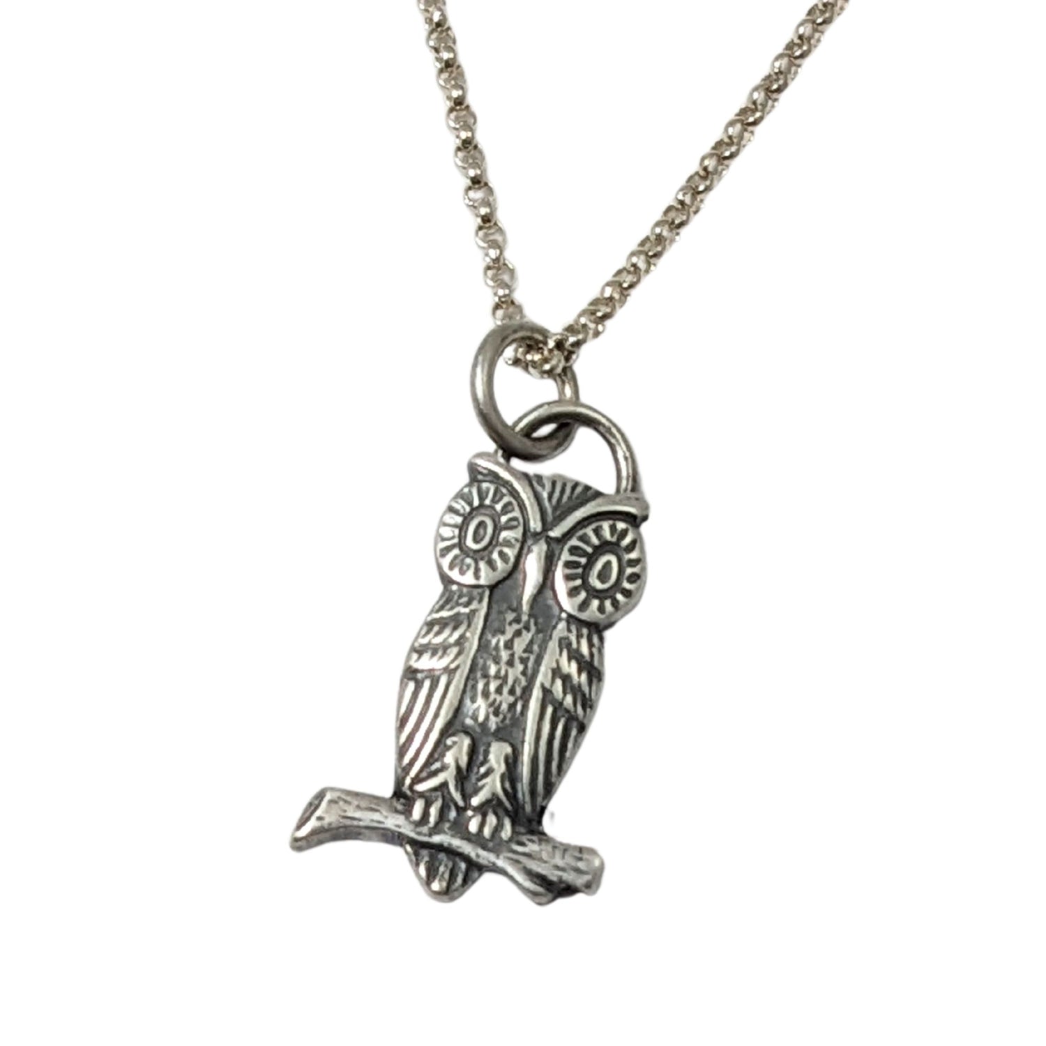 Sterling silver pendant of an owl sitting on a branch. The owl has large cartoonish eyes.