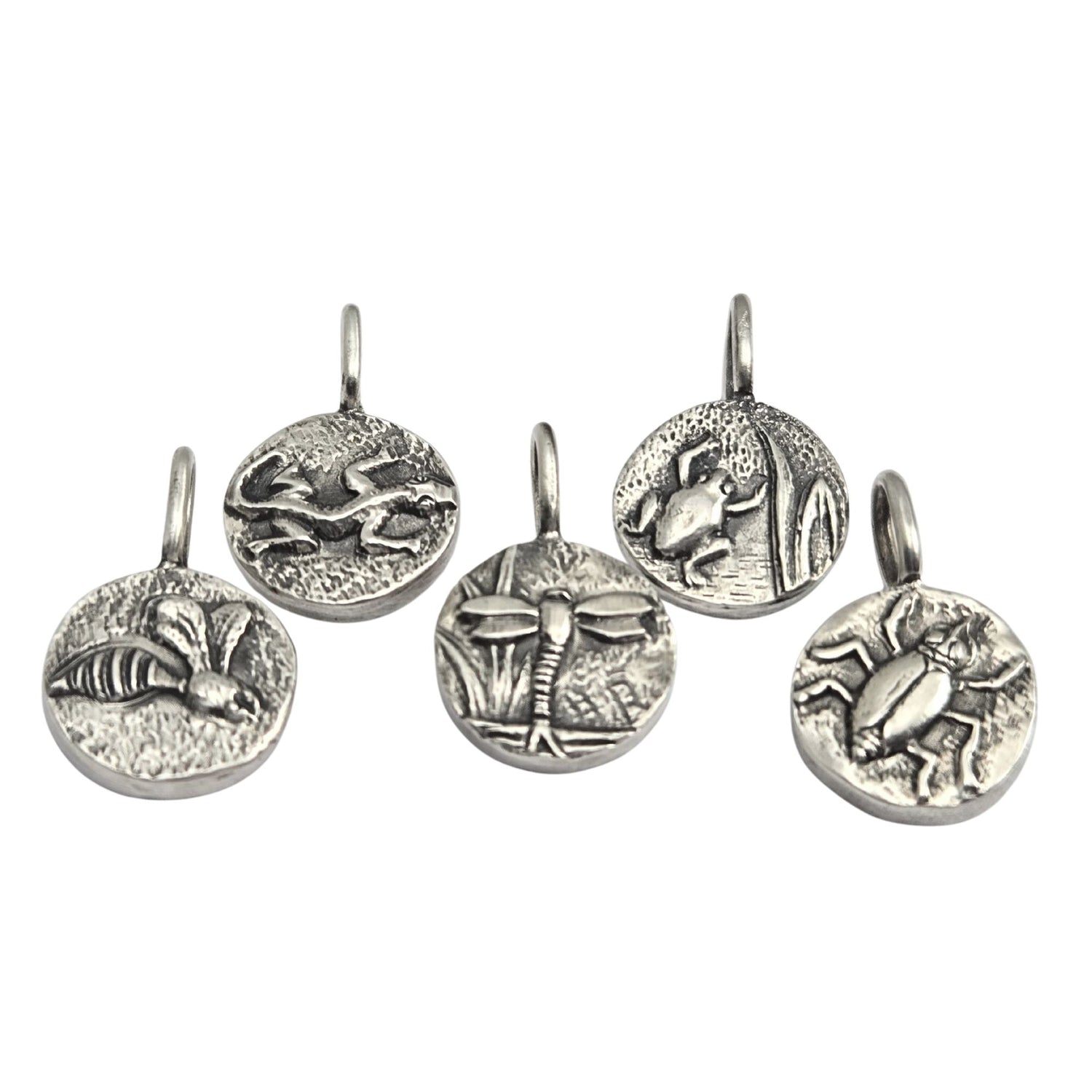 Set of five round sterling silver pendants with creatures in a pond setting - wasp, lizard, dragonfly, frog, beetle.