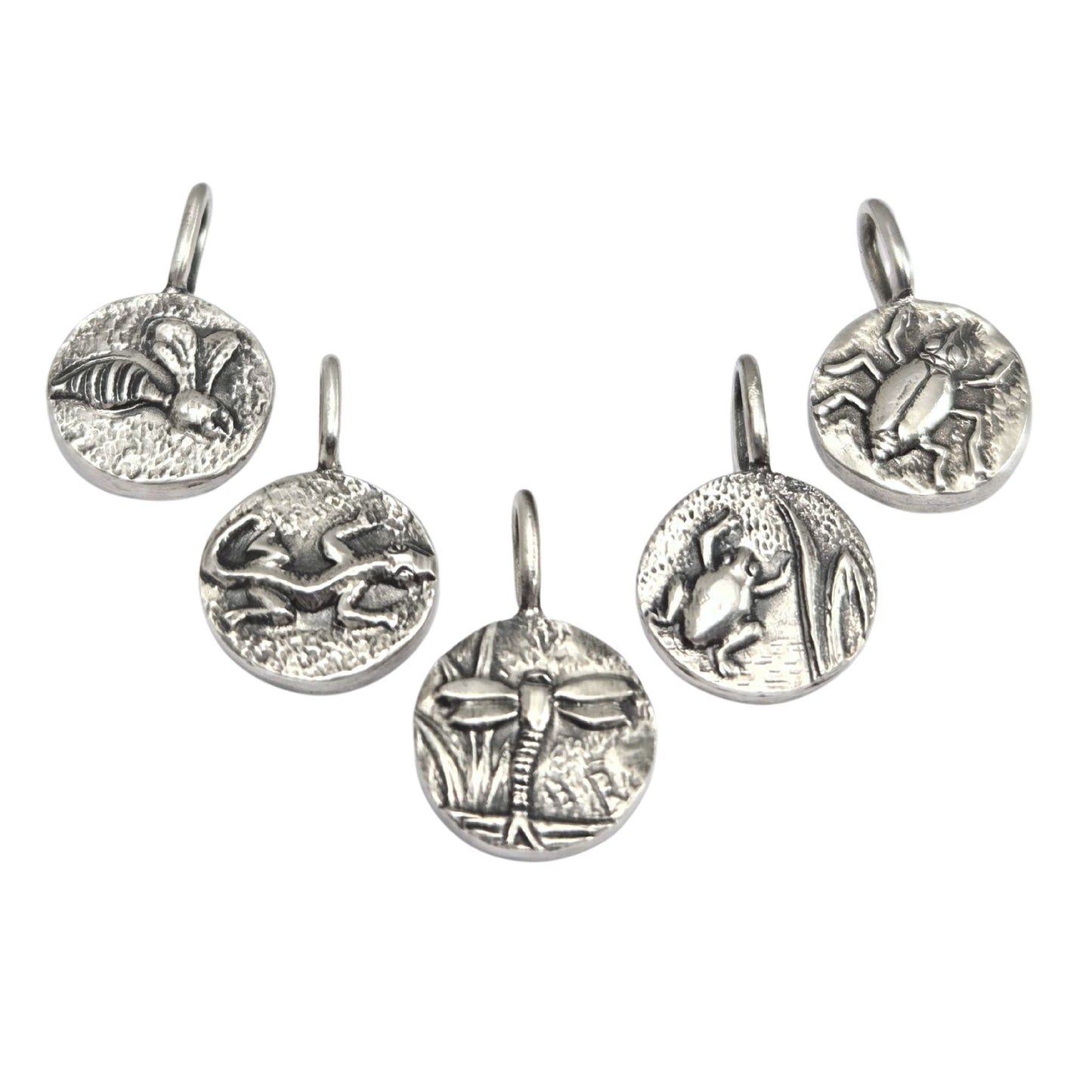 Set of five round sterling silver pendants with creatures in a pond setting - wasp, lizard, dragonfly, frog, beetle.
