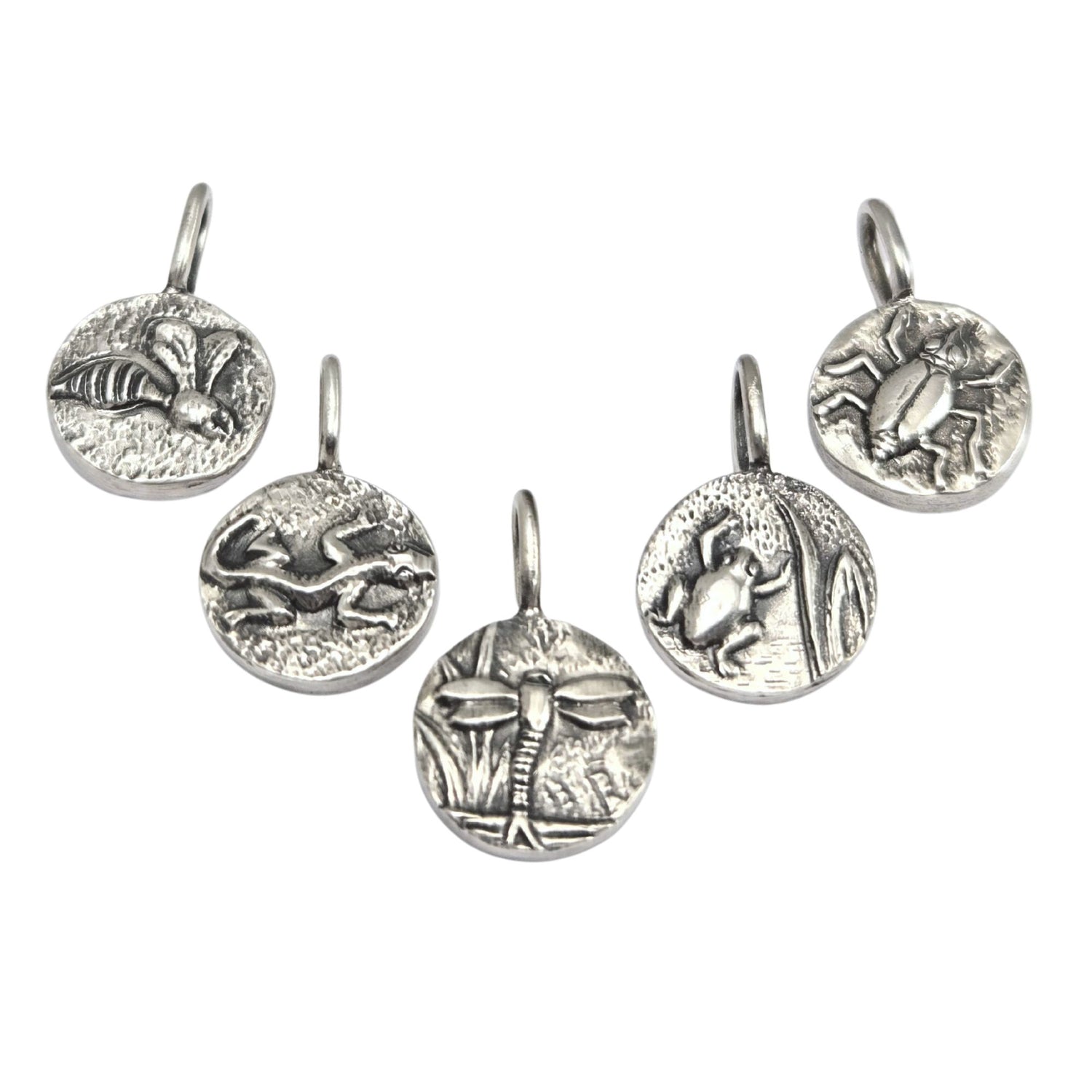 Set of five round sterling silver pendants with creatures in a pond setting - wasp, lizard, dragonfly, frog, beetle.