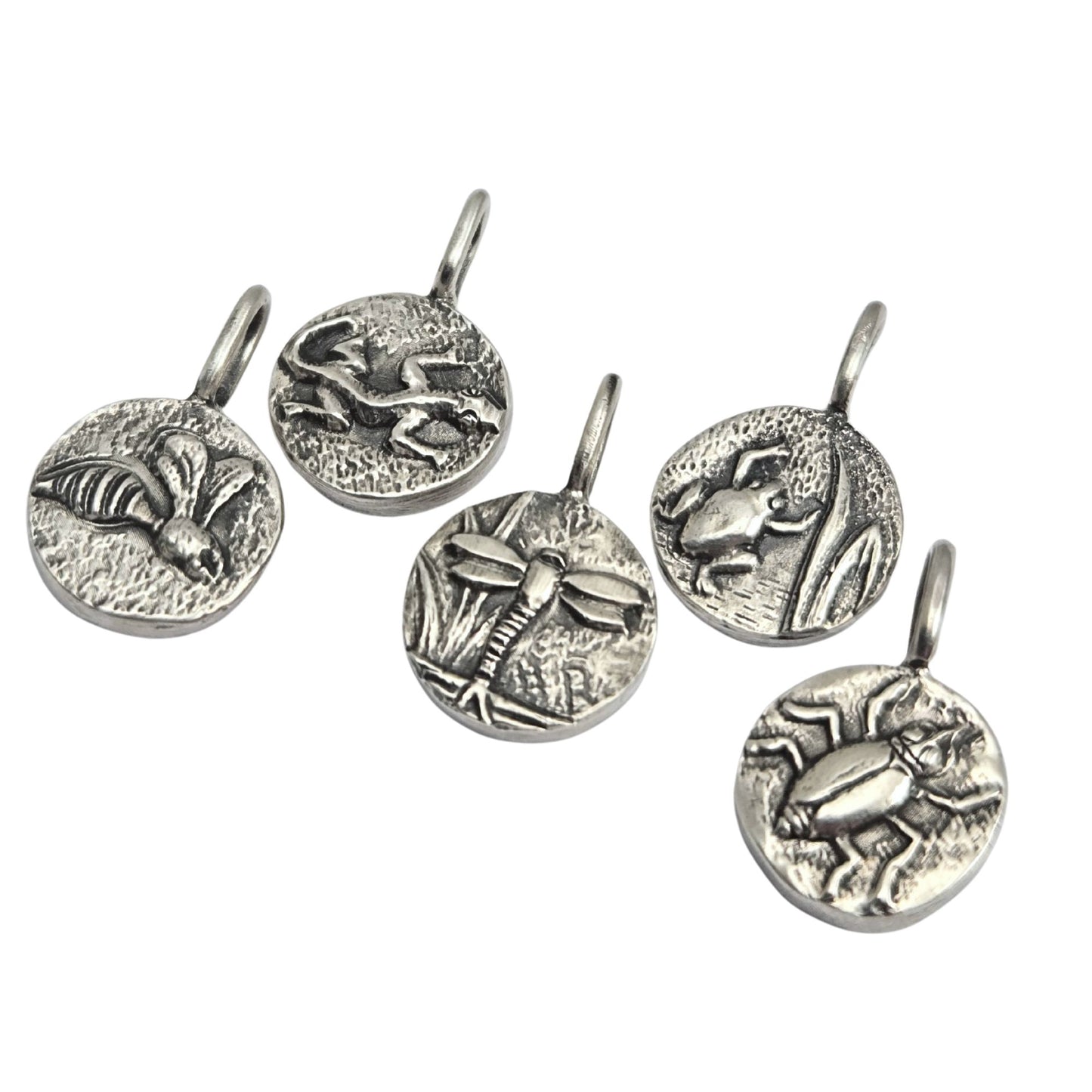 Set of five round sterling silver pendants with creatures in a pond setting - wasp, lizard, dragonfly, frog, beetle.