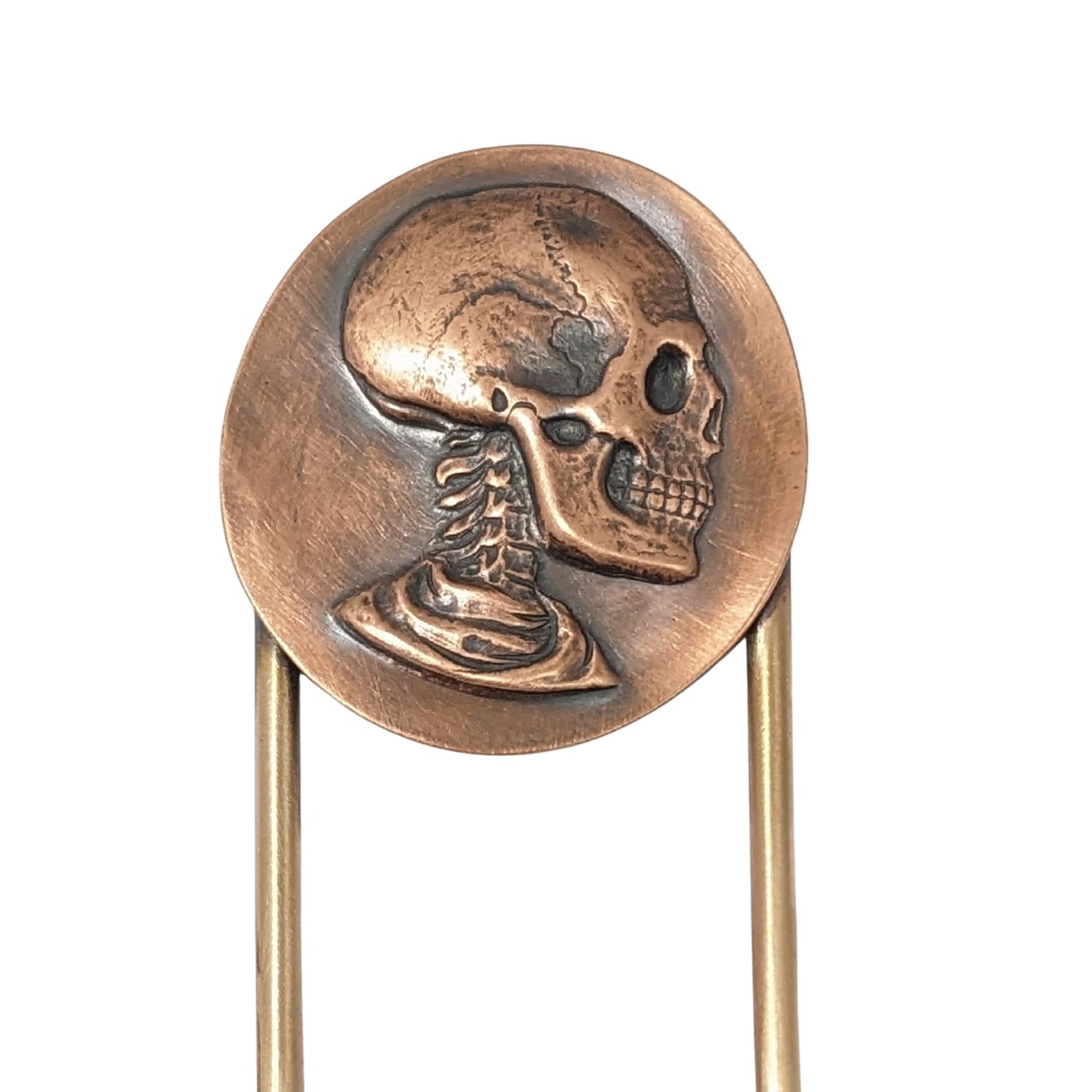 Raised image of a deeply detailed skull, including neck spine, on a round disk made of copper. The design is on a brass hair fork.