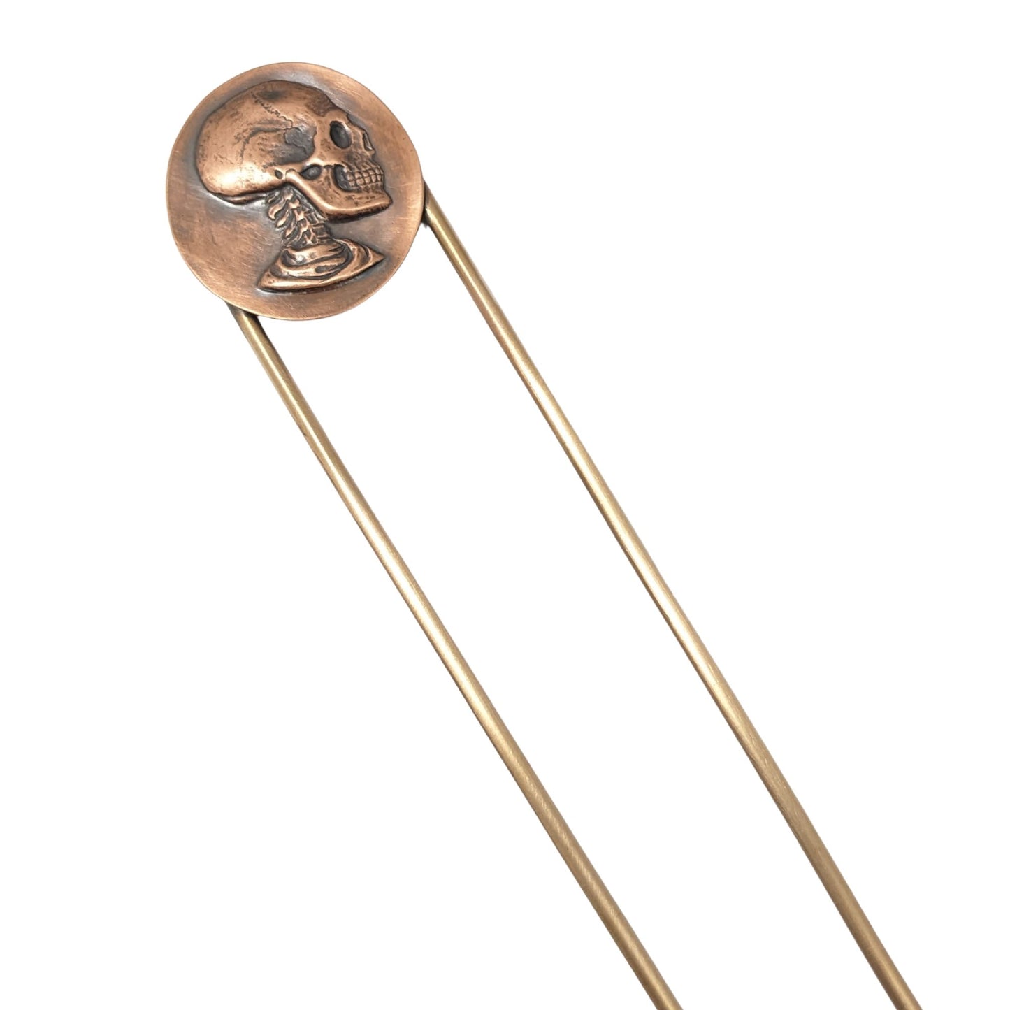 Raised image of a deeply detailed skull, including neck spine, on a round disk made of copper. The design is on a brass hair fork.