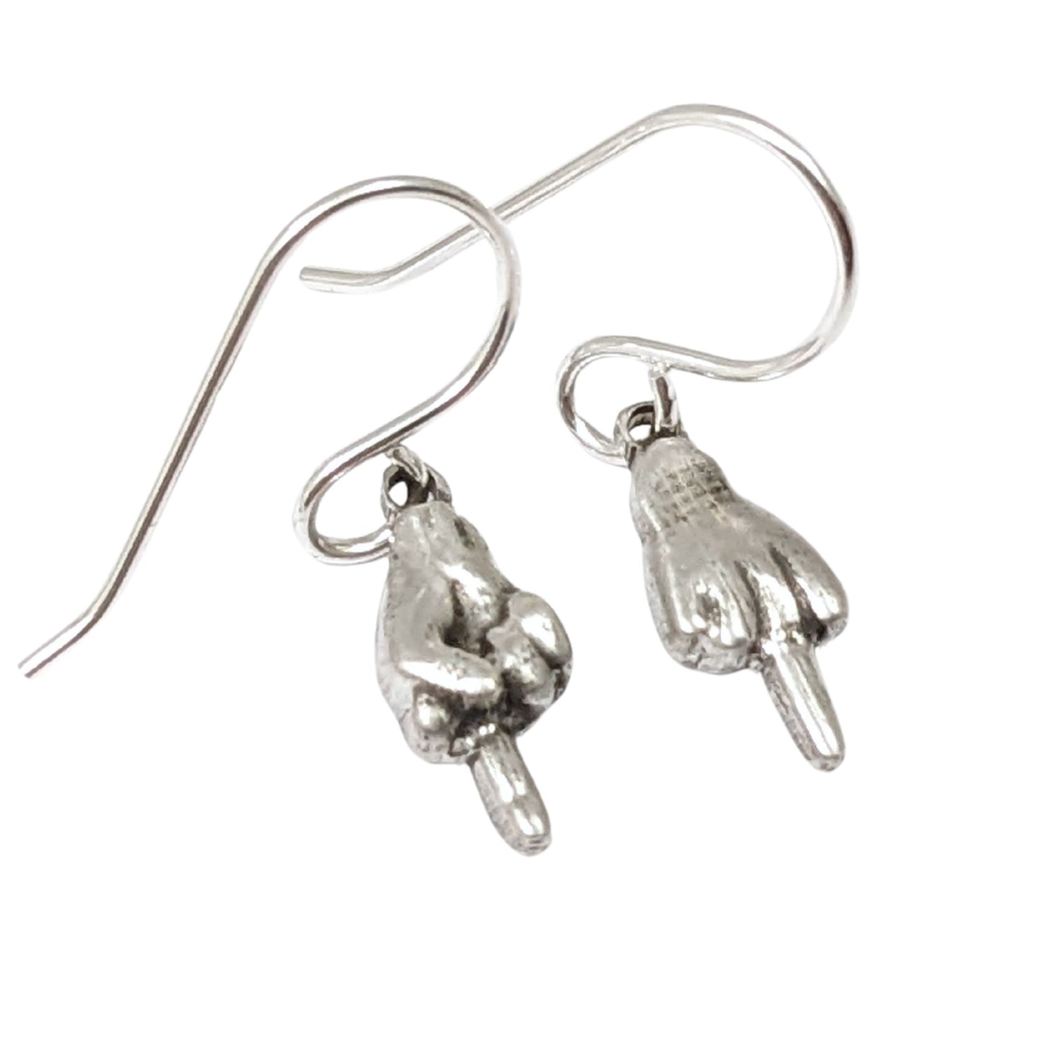 Small sterling silver earrings of hand with the middle finger raised. One hand faces forward, the other faces backward.