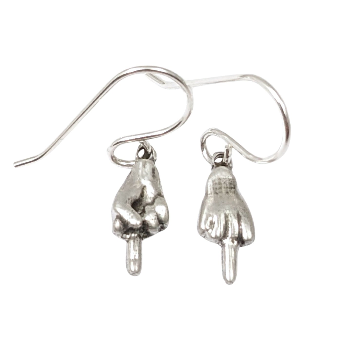 Small sterling silver earrings of hand with the middle finger raised. One hand faces forward, the other faces backward.