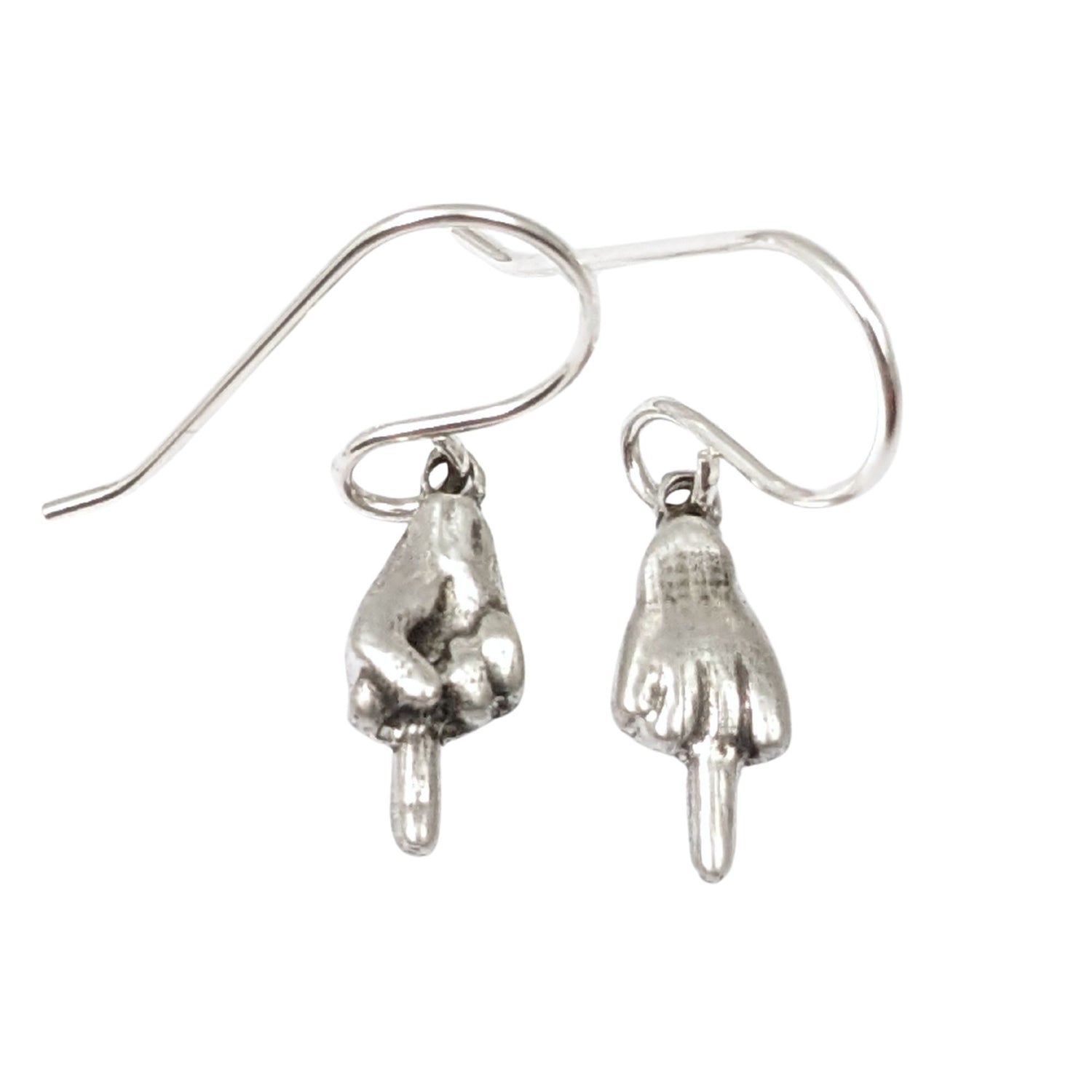 Small sterling silver earrings of hand with the middle finger raised. One hand faces forward, the other faces backward.