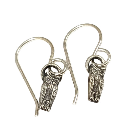 Pair of silver owl earrings on a white background