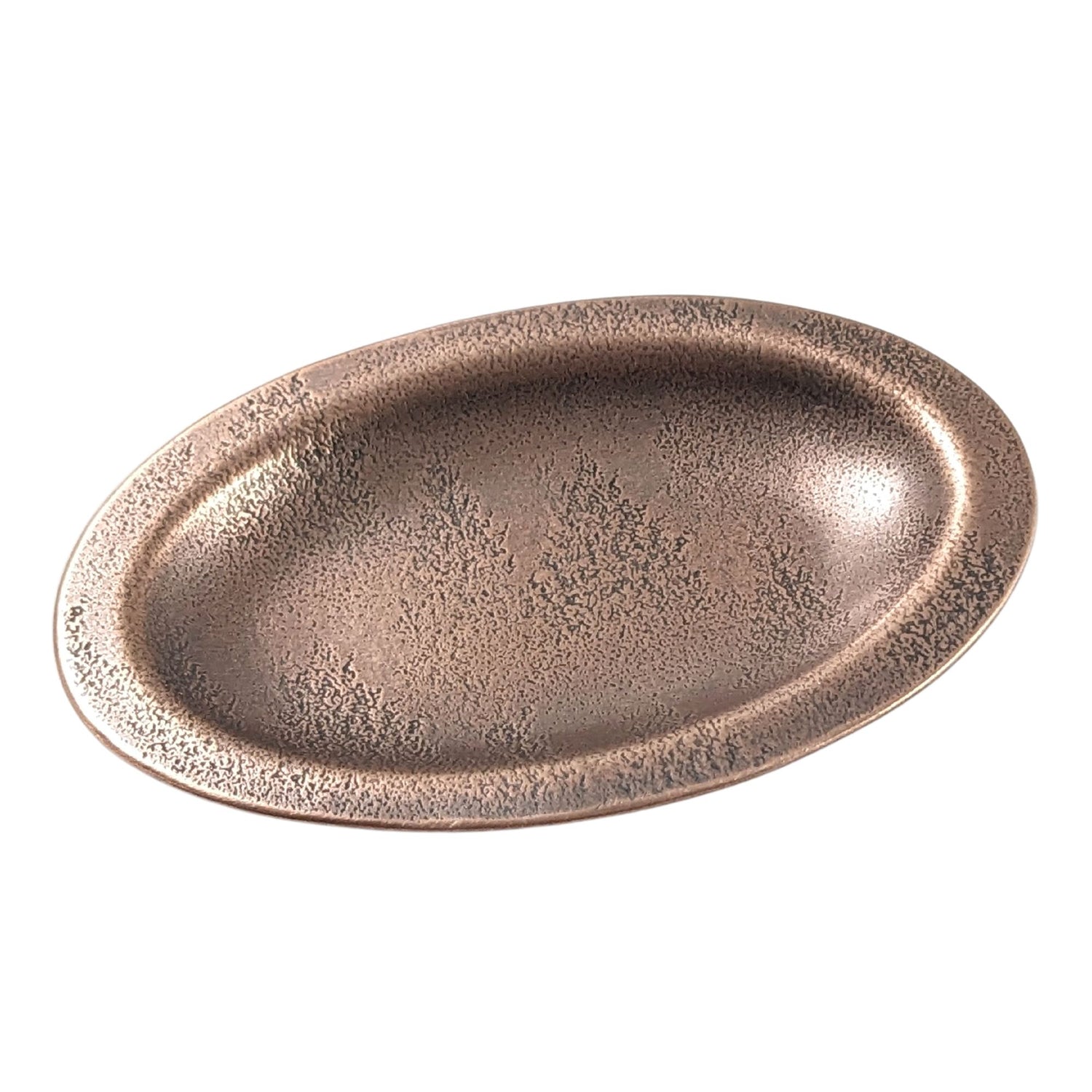 An oval copper ring dish with a raised edge. The dish has an impressed