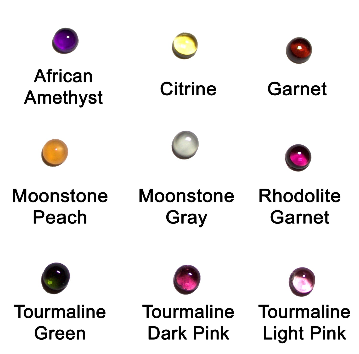 gemstone chart for hot air balloon pendant. Gemstones shown are african amethyst, citrine, garnet, peach moonstone, gray moonstone, rhodolite garnet, green tourmaline, dark pink tourmaline, and light pink tourmaline