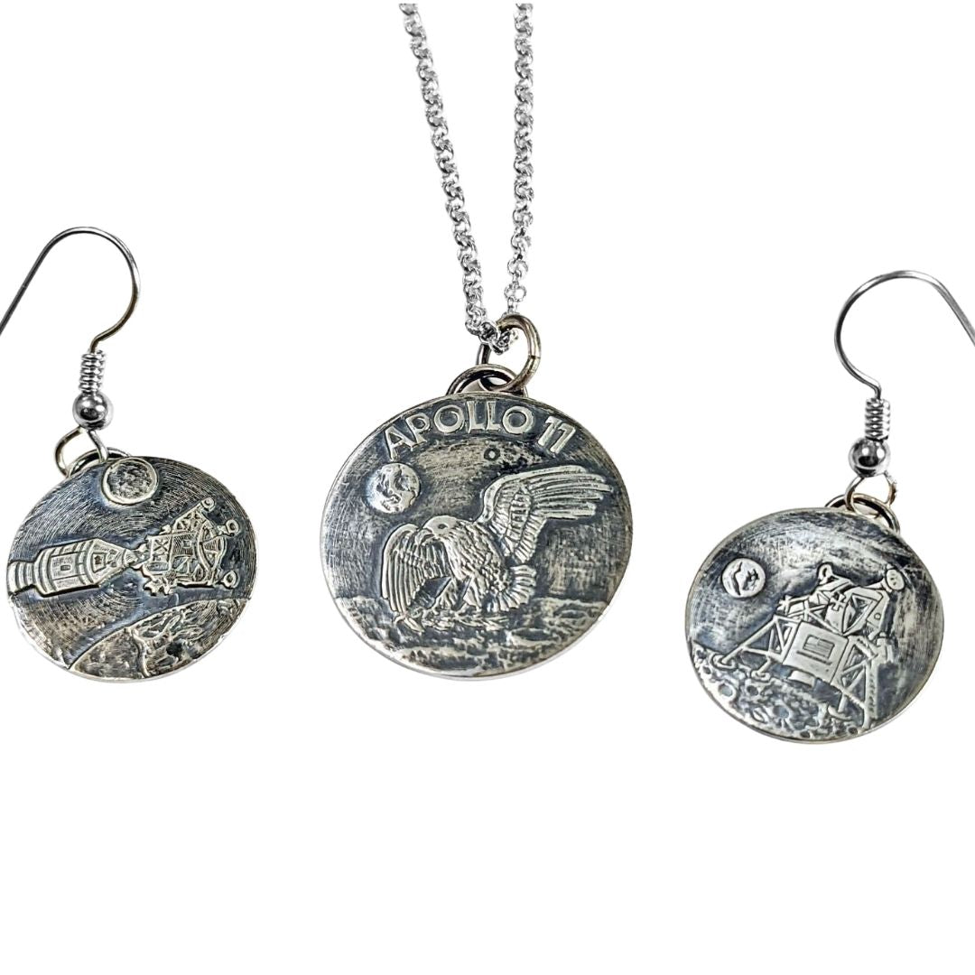 Handmade Sterling silver pendant and earring set depicting the Apollo 11 moon landing of the Eagle lunar module.