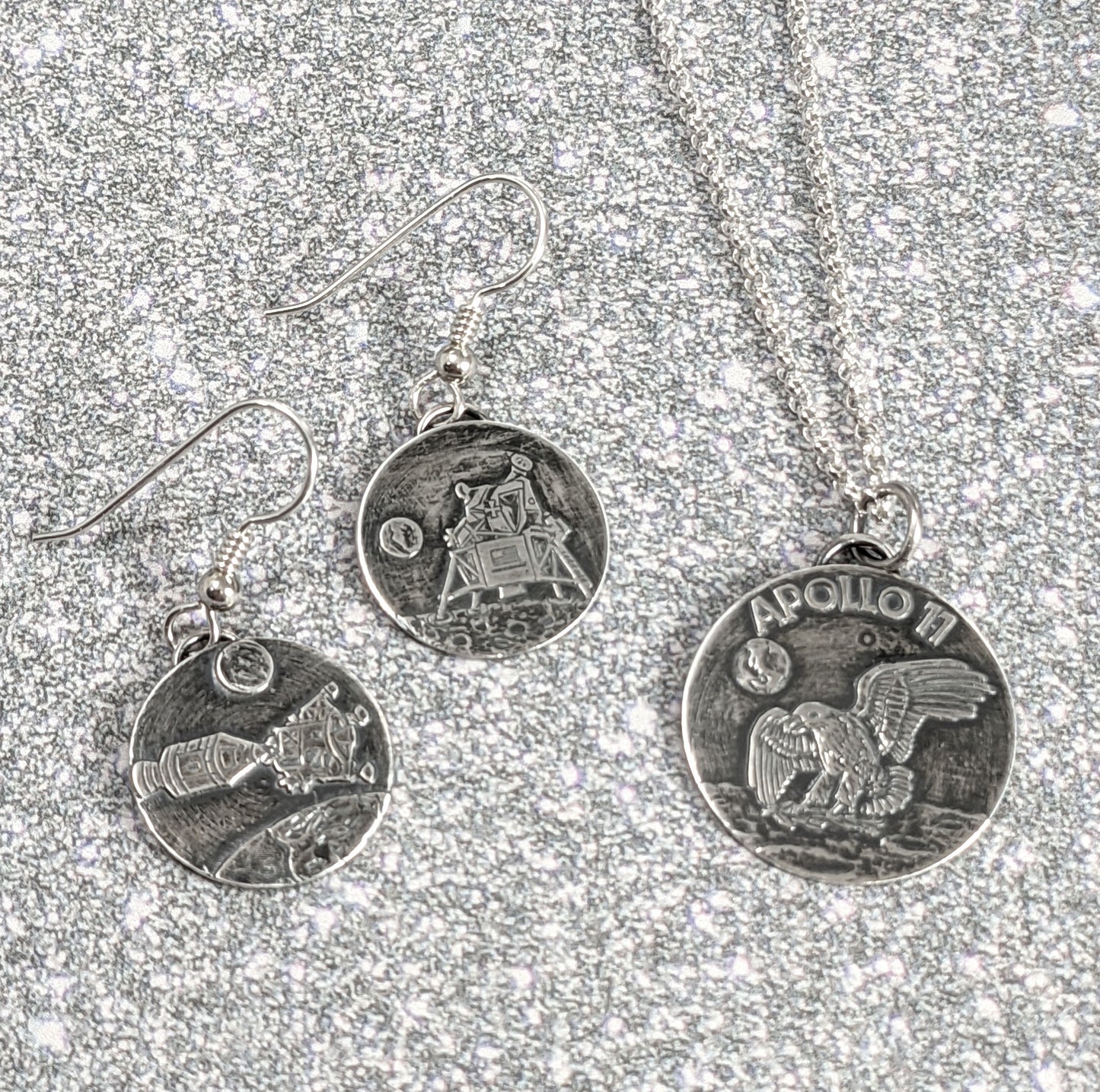 Handmade Sterling silver pendant and earring set depicting the Apollo 11 moon landing of the Eagle lunar module.