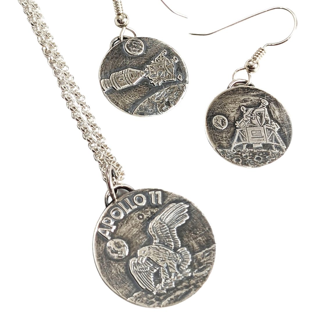 Handmade Sterling silver pendant and earring set depicting the Apollo 11 moon landing of the Eagle lunar module.