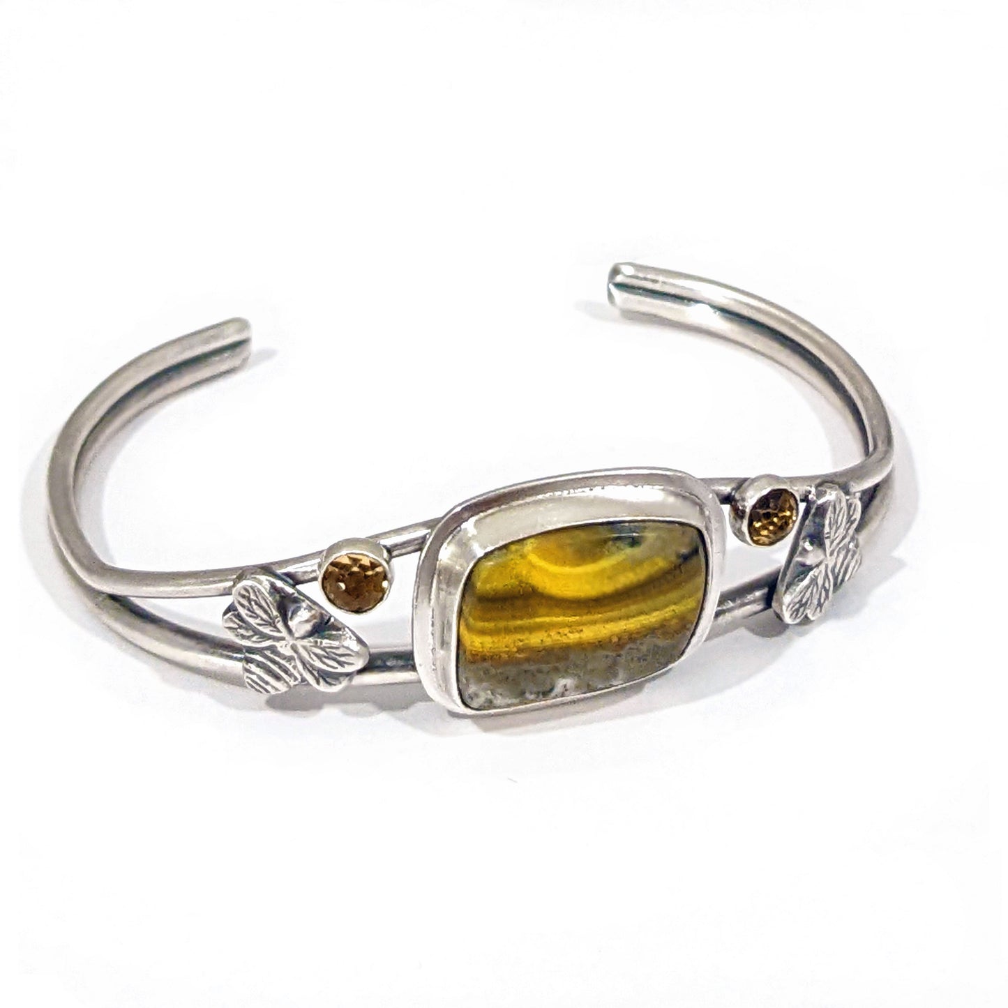 Alternate view of Sterling Silver Bumblebee Jasper cuff bracelet with two sterling silver bees and two rose cut citrine gemstones