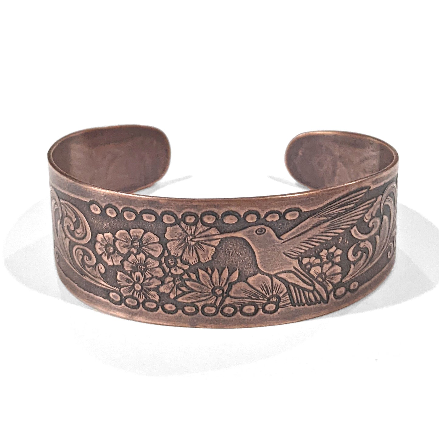 Hummingbird and Flowers Copper Cuff Bracelet