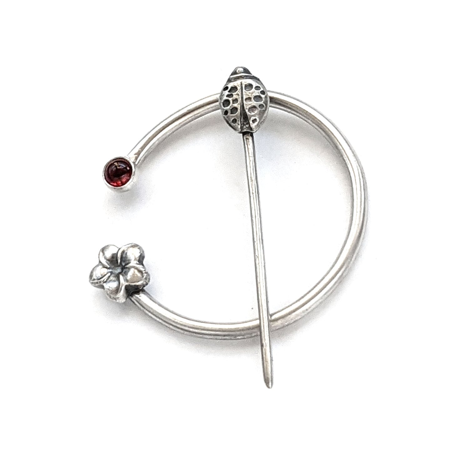 Garnet Ladybug and Flower Penannular Brooch