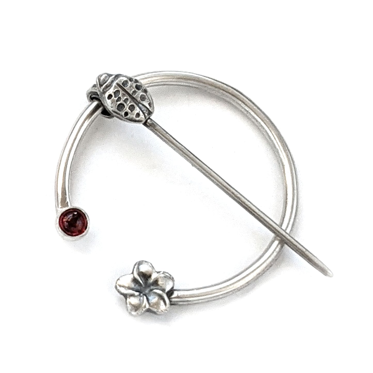 Garnet Ladybug and Flower Penannular Brooch