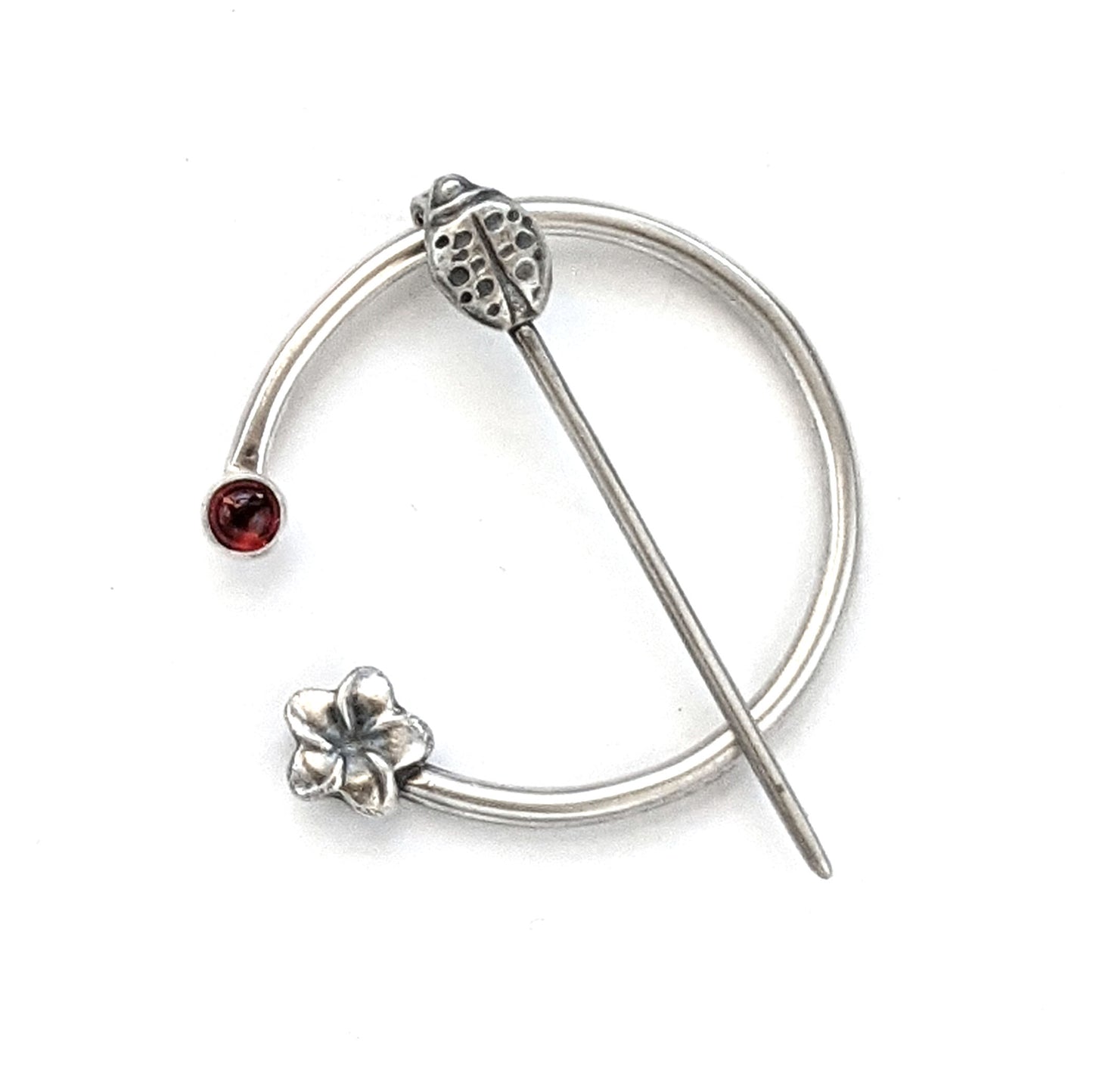 Garnet Ladybug and Flower Penannular Brooch